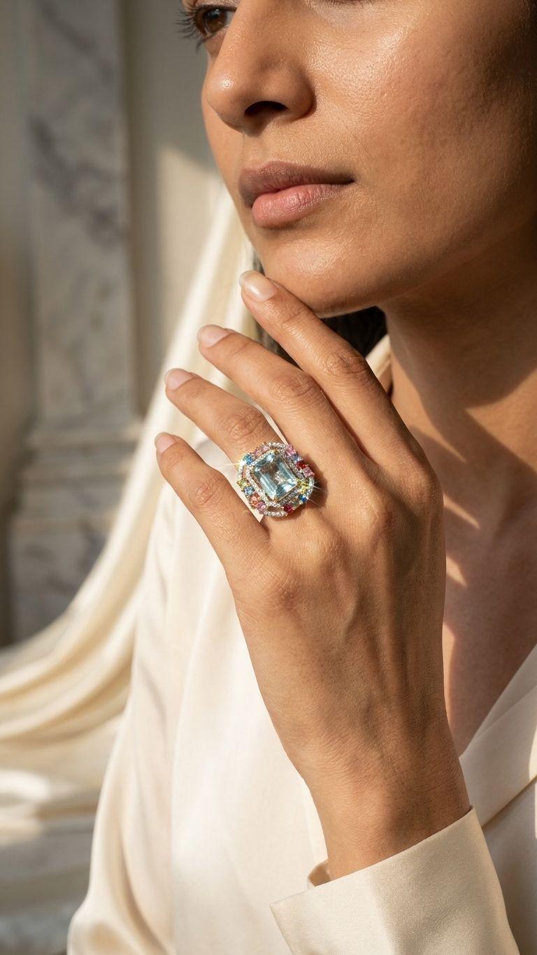 Aquamarine Aquamarine Multi Sapphire Ring in 92.5 Sterling Silver — Surya Jewellers Jaipur