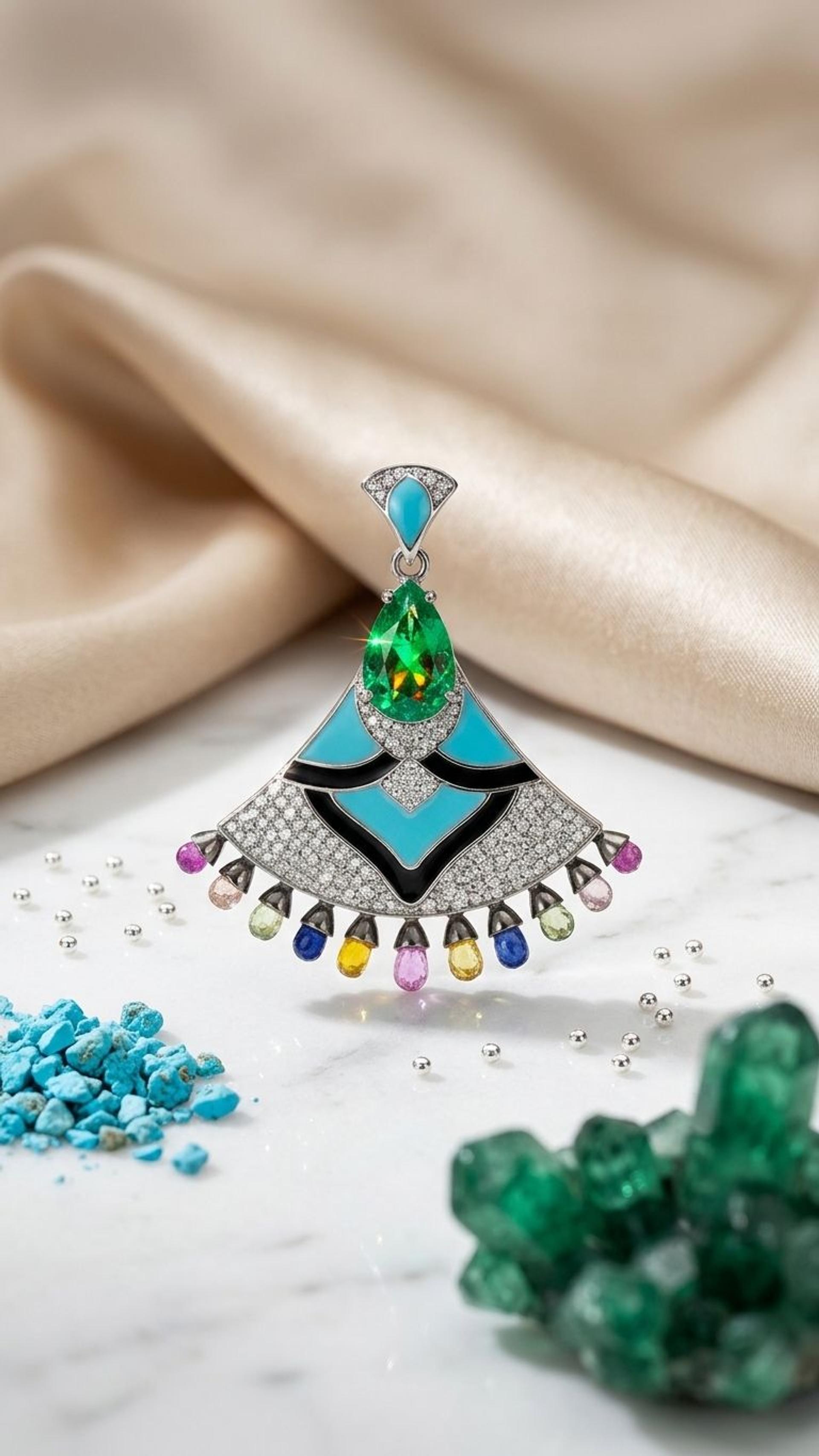 Emerald Multi Sapphire Pendant view 4 — Pendants in 92.5 Sterling Silver