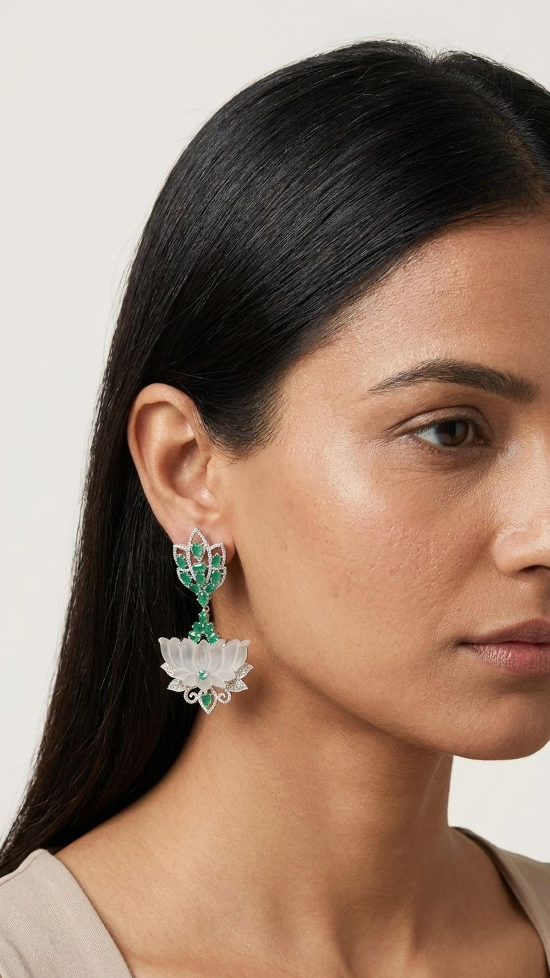 Crystal Crystal Emerald Earrings in 92.5 Sterling Silver — Surya Jewellers Jaipur