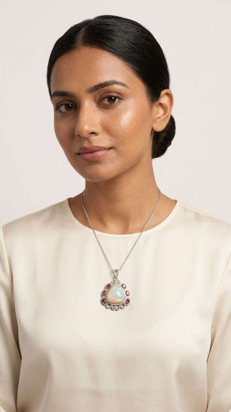 Ruby Lite White Opal Pendant in 92.5 sterling silver by Surya Jewellers Jaipur