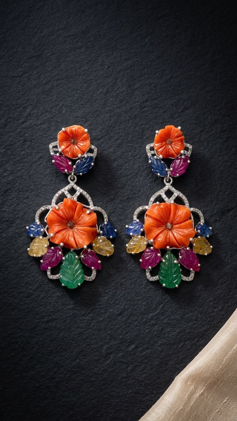 Coral Multi Sapphire Earrings view 4 — Earrings in 92.5 Sterling Silver