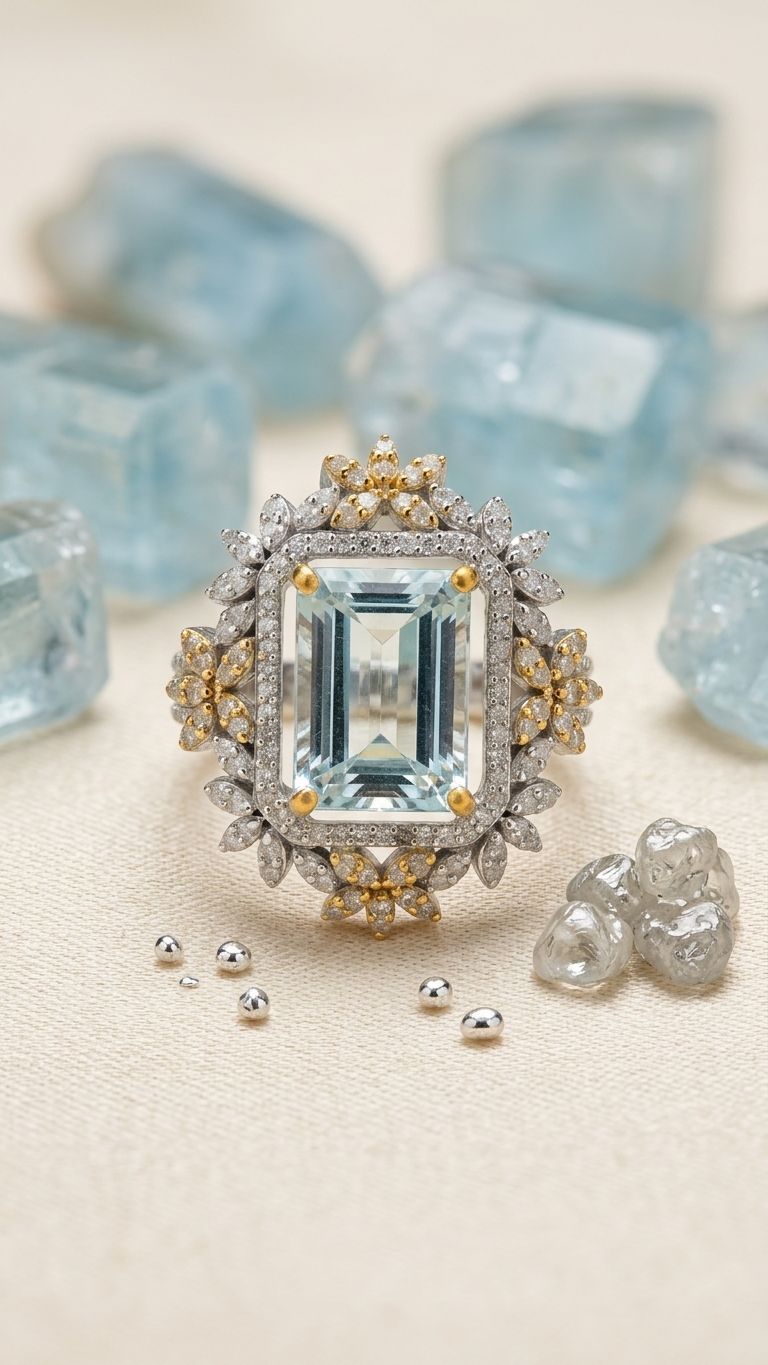 Aquamarine Ring view 2 — Rings in 92.5 Sterling Silver
