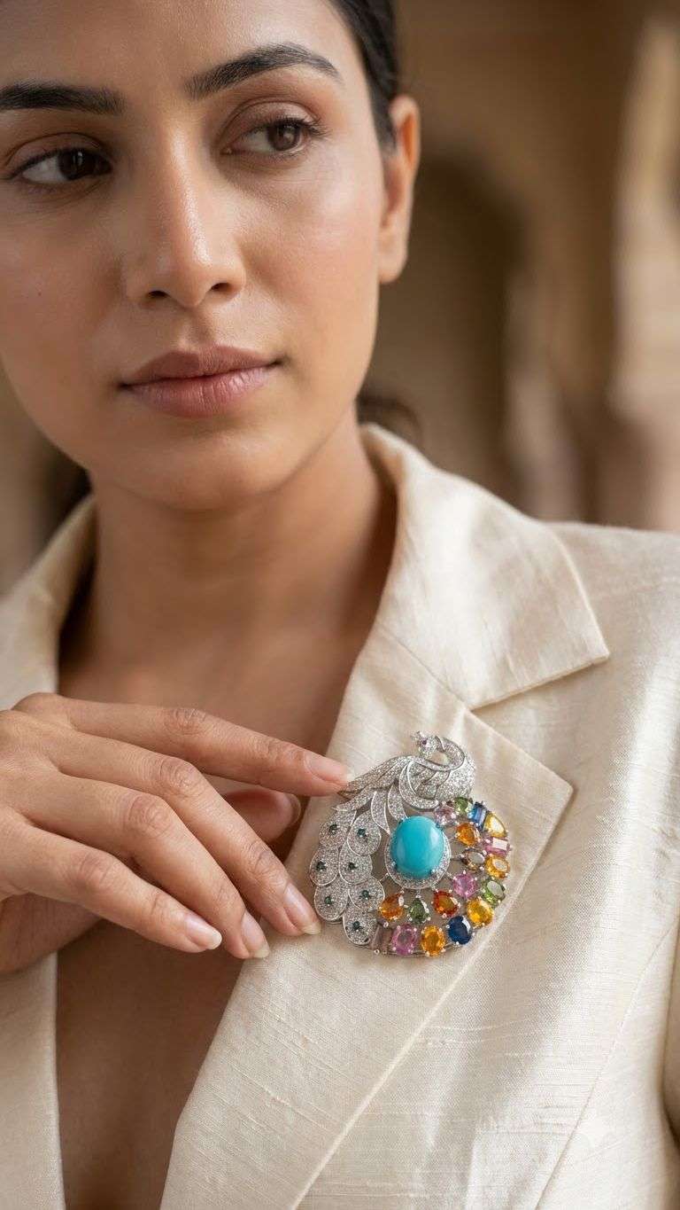 Multi Sapphire Turquoise Brooche in 92.5 sterling silver by Surya Jewellers Jaipur