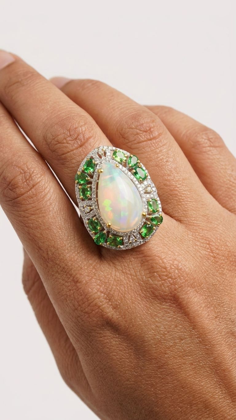 Tsavorite White Opal Ring view 2 — Rings in 92.5 Sterling Silver