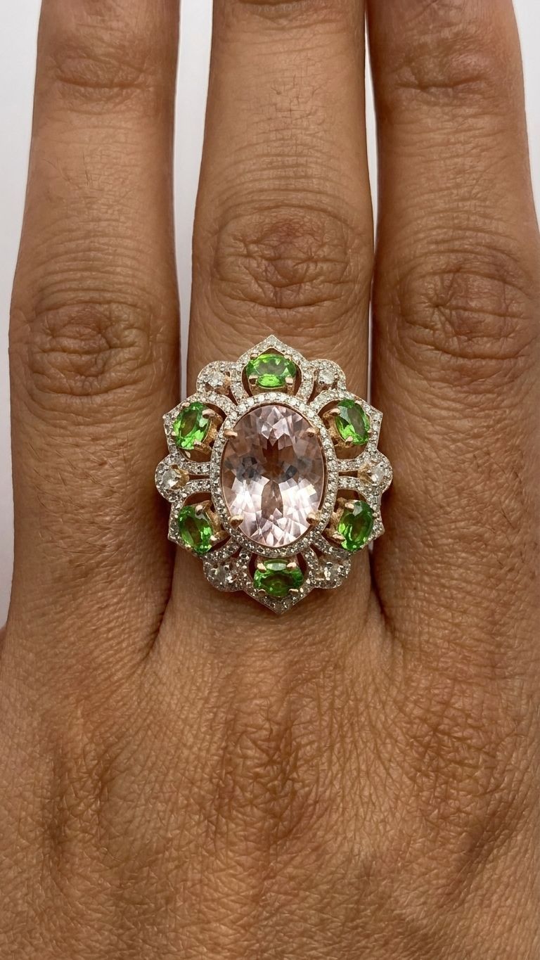Morganite Stone Tsavorite Ring view 2 — Rings in 92.5 Sterling Silver