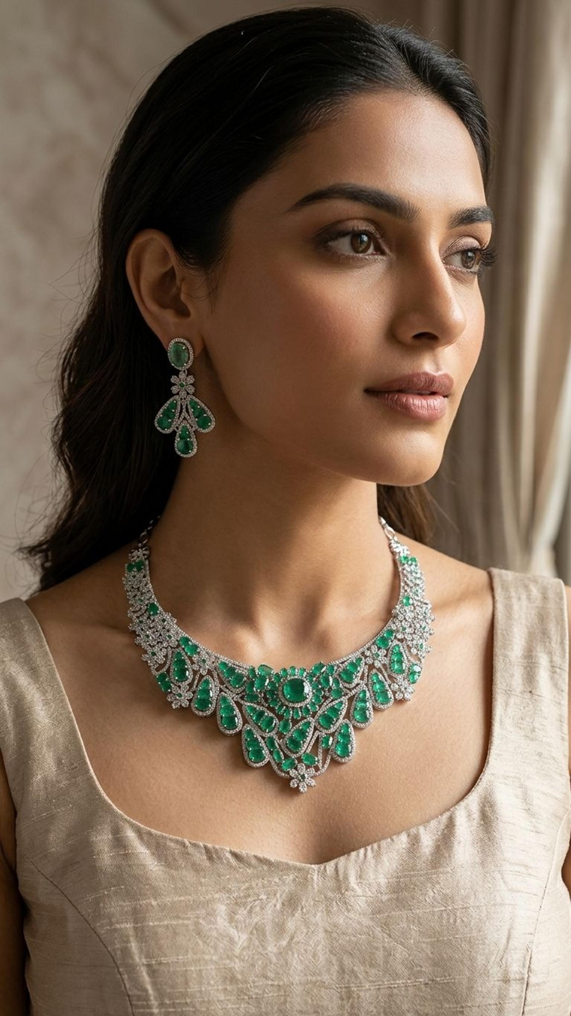 Emerald Emerald Necklace in 92.5 Sterling Silver — Surya Jewellers Jaipur