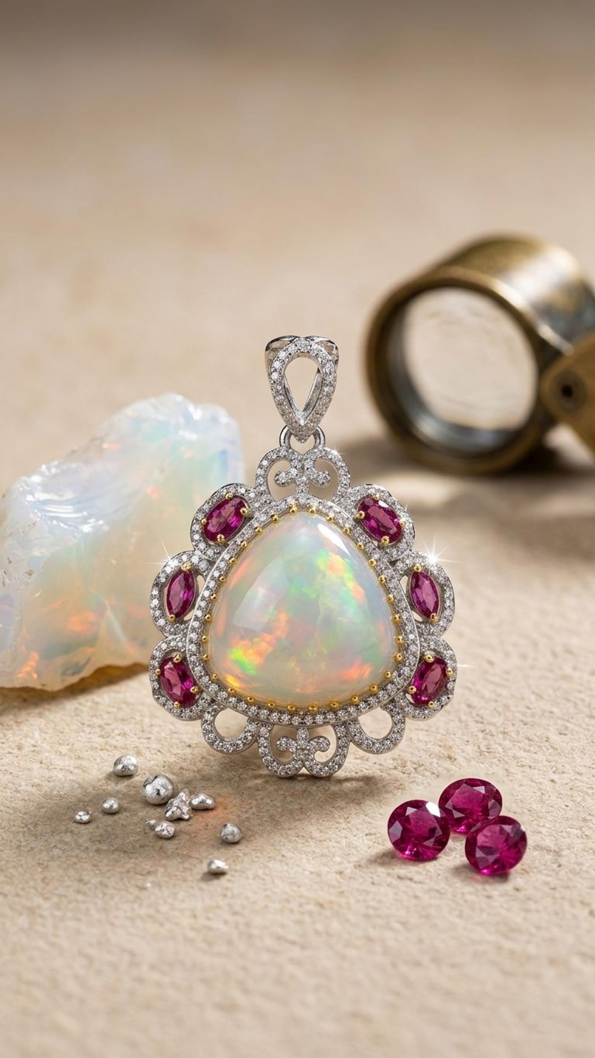 Ruby Lite White Opal Pendant view 3 — Pendants in 92.5 Sterling Silver