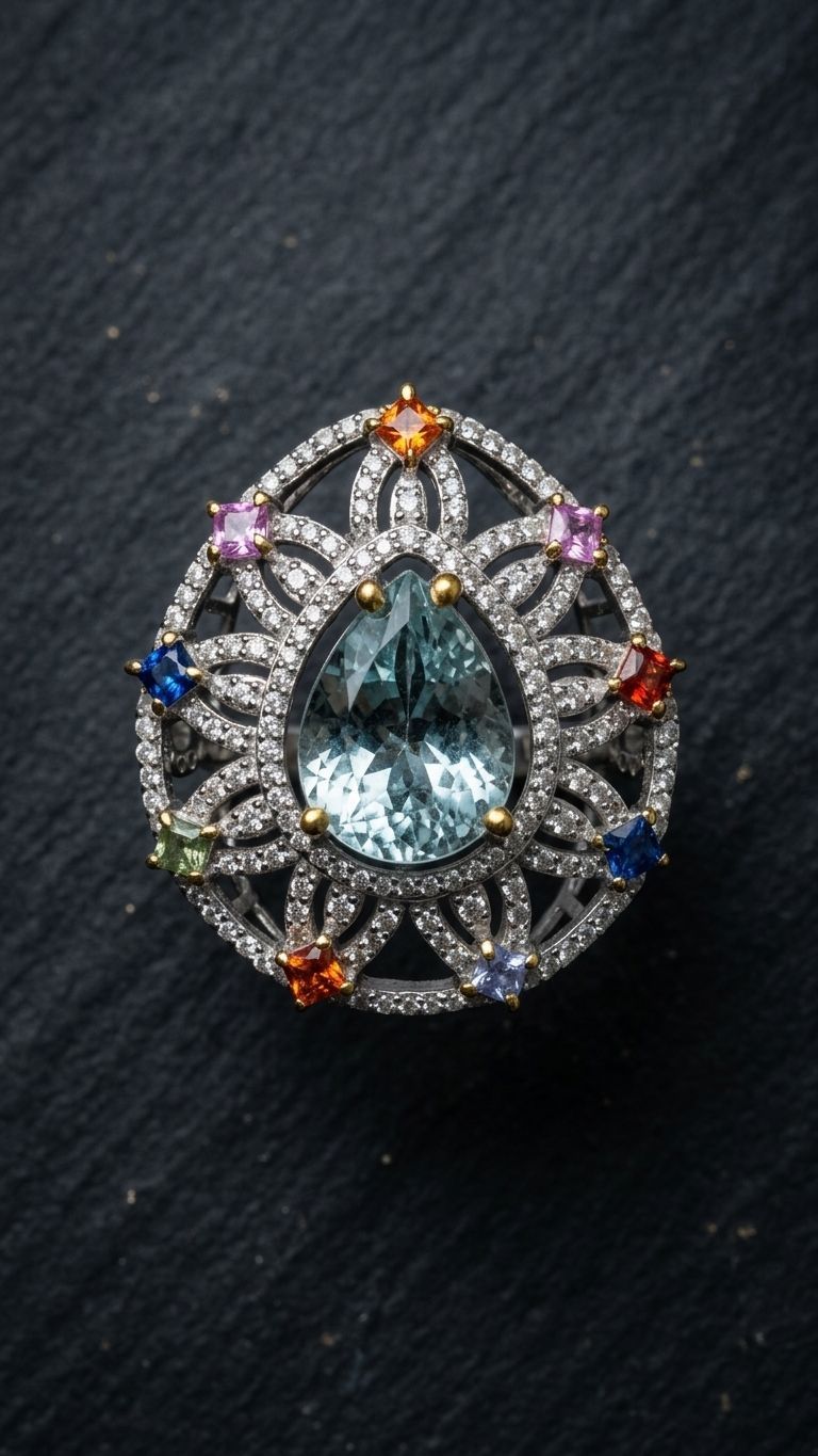 Aquamarine Multi Sapphire Ring view 4 — Rings in 92.5 Sterling Silver