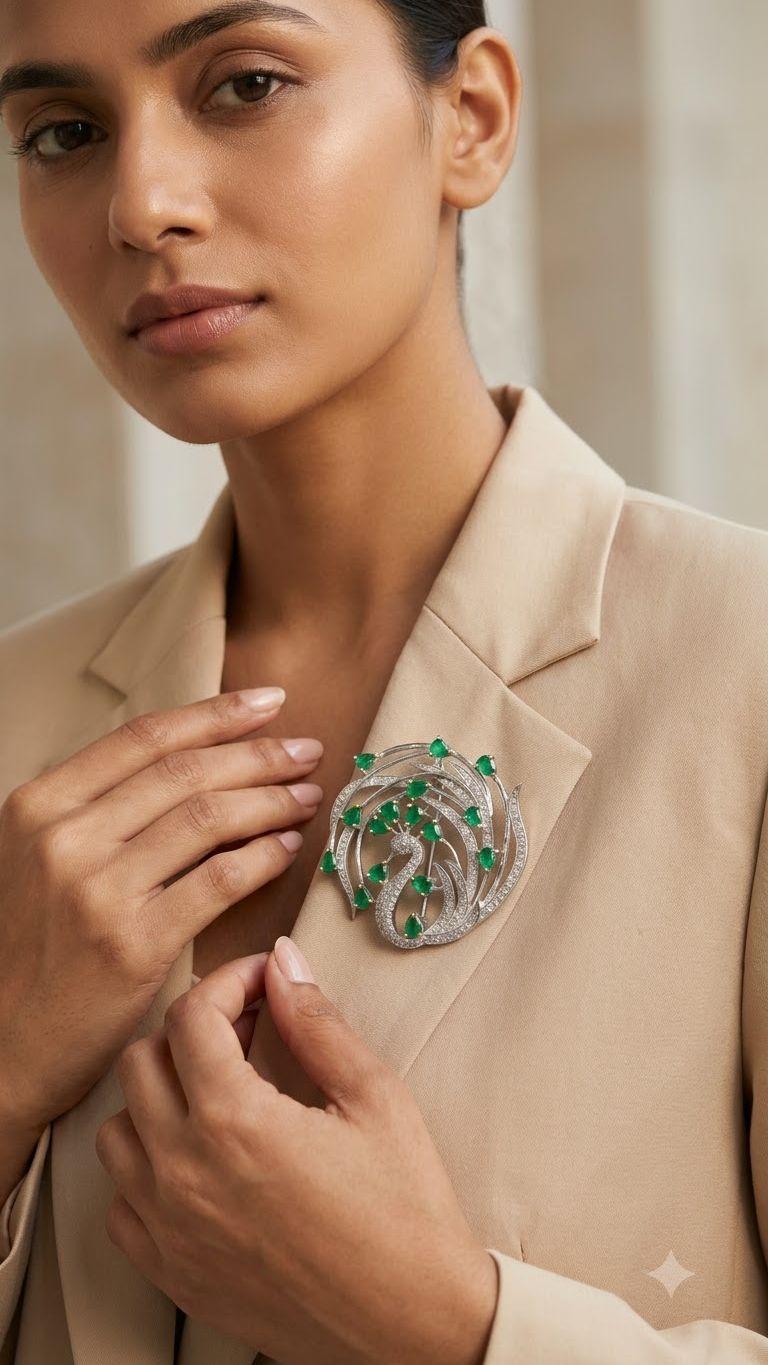 Emerald Emerald Brooch in 92.5 Sterling Silver — Surya Jewellers Jaipur