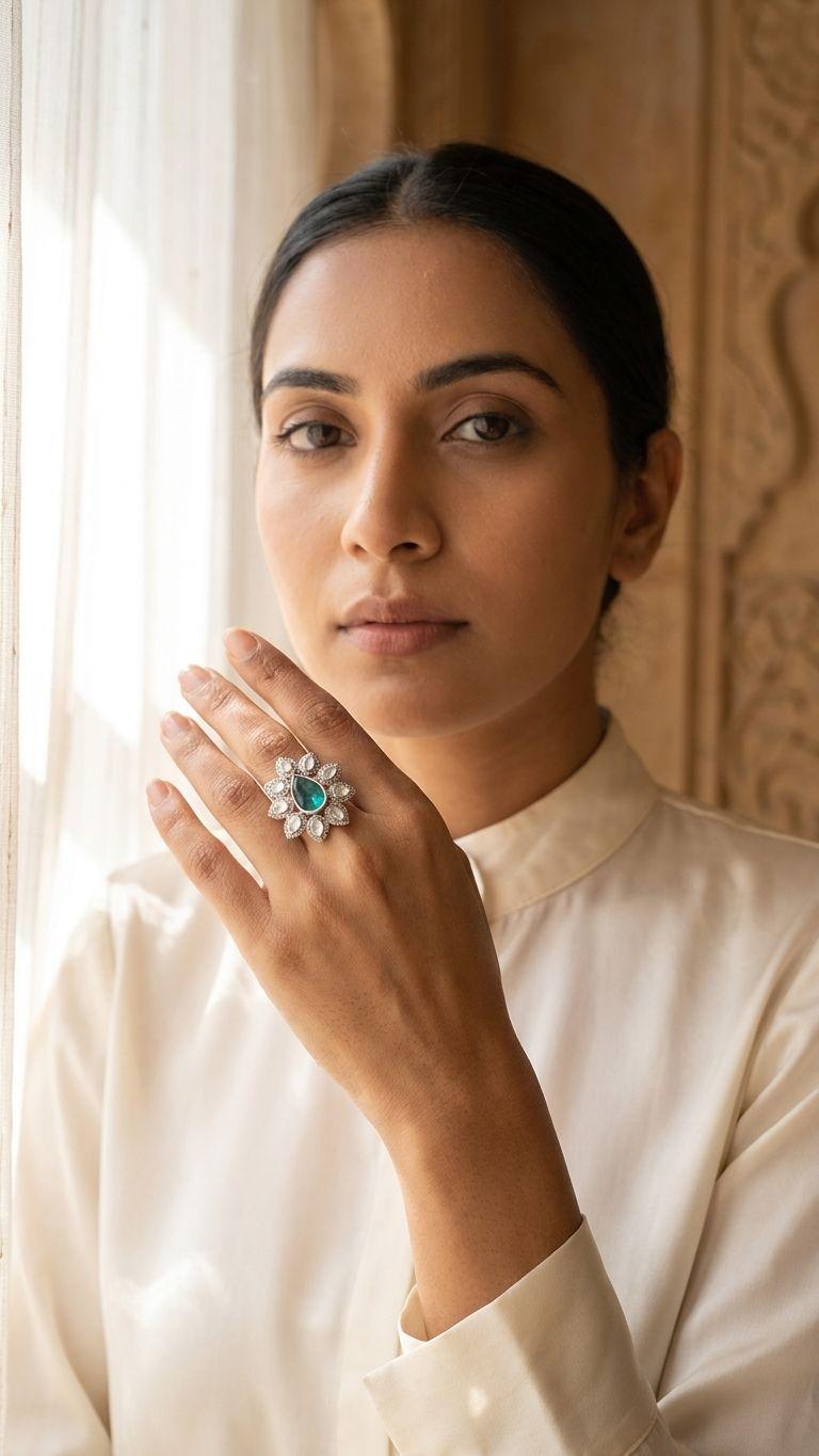 Diamond Polki Ring in 92.5 Sterling Silver — Surya Jewellers Jaipur