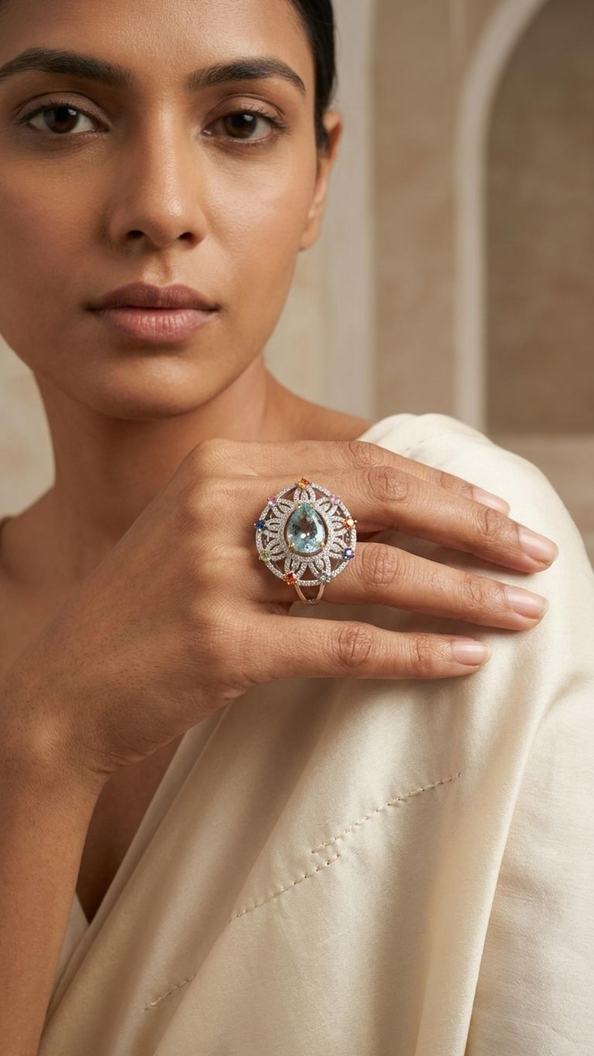 Aquamarine Aquamarine Multi Sapphire Ring in 92.5 Sterling Silver — Surya Jewellers Jaipur