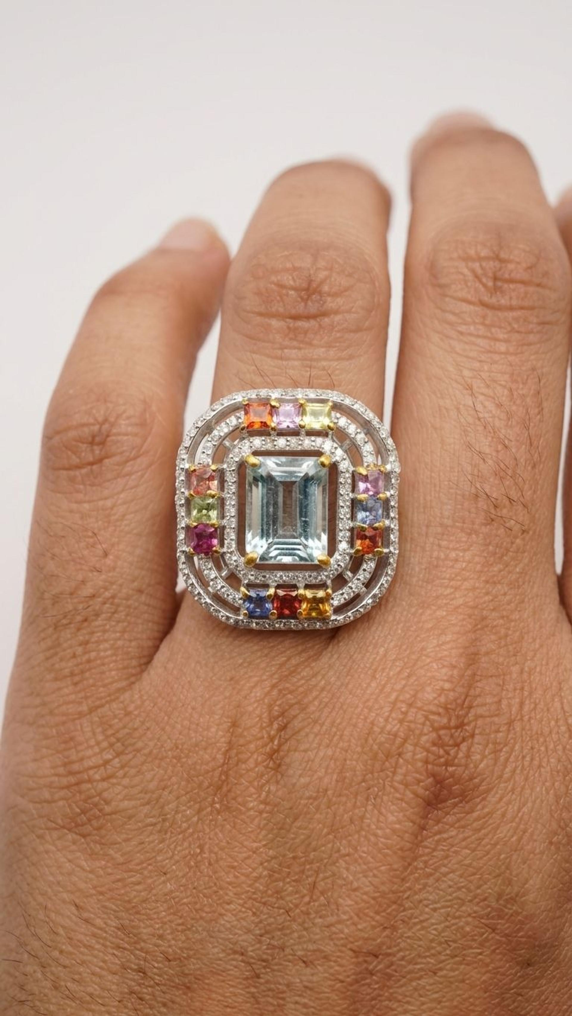 Aquamarine Aquamarine Multi Sapphire Ring in 92.5 Sterling Silver — Surya Jewellers Jaipur