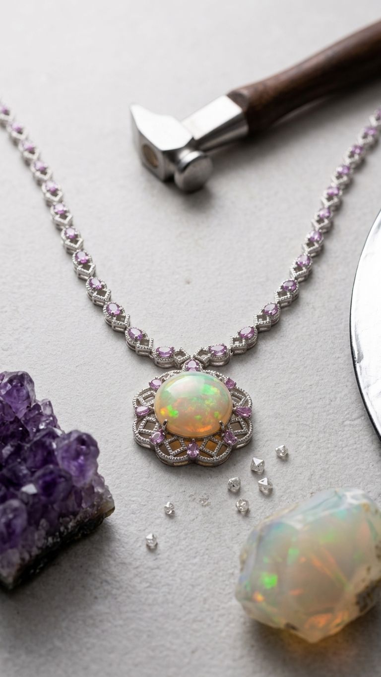 Opal Pink Sapphire Necklace view 2 — Necklaces in 92.5 Sterling Silver