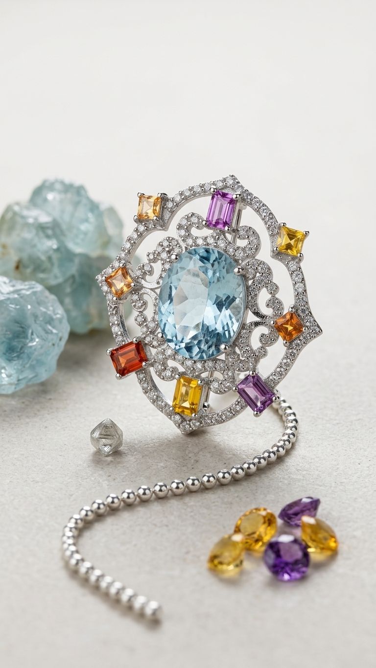 Aquamarine Multi Sapphire Brooch view 5 — Pendants in 92.5 Sterling Silver