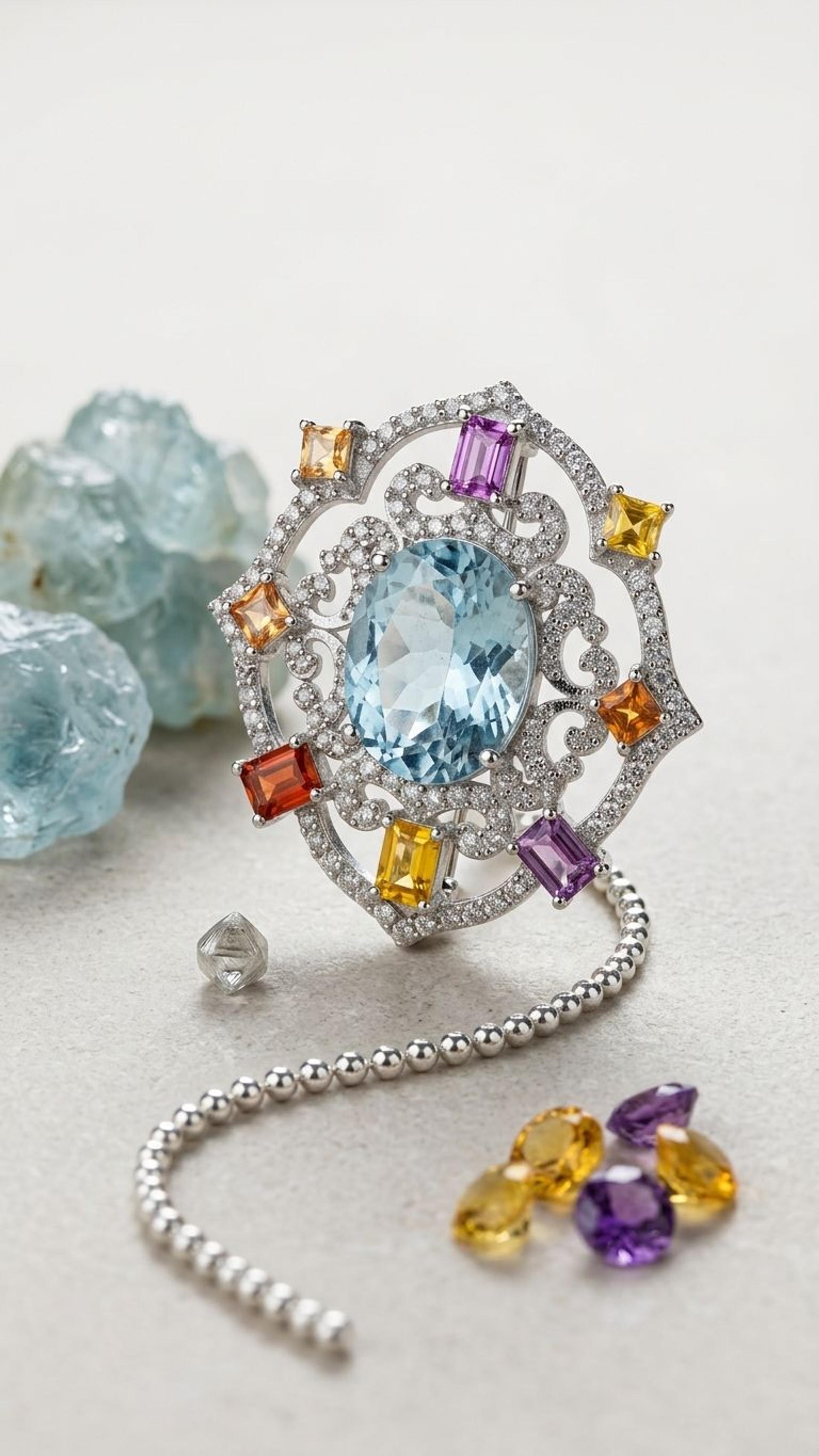 Aquamarine Multi Sapphire Brooch view 5 — Brooches in 92.5 Sterling Silver
