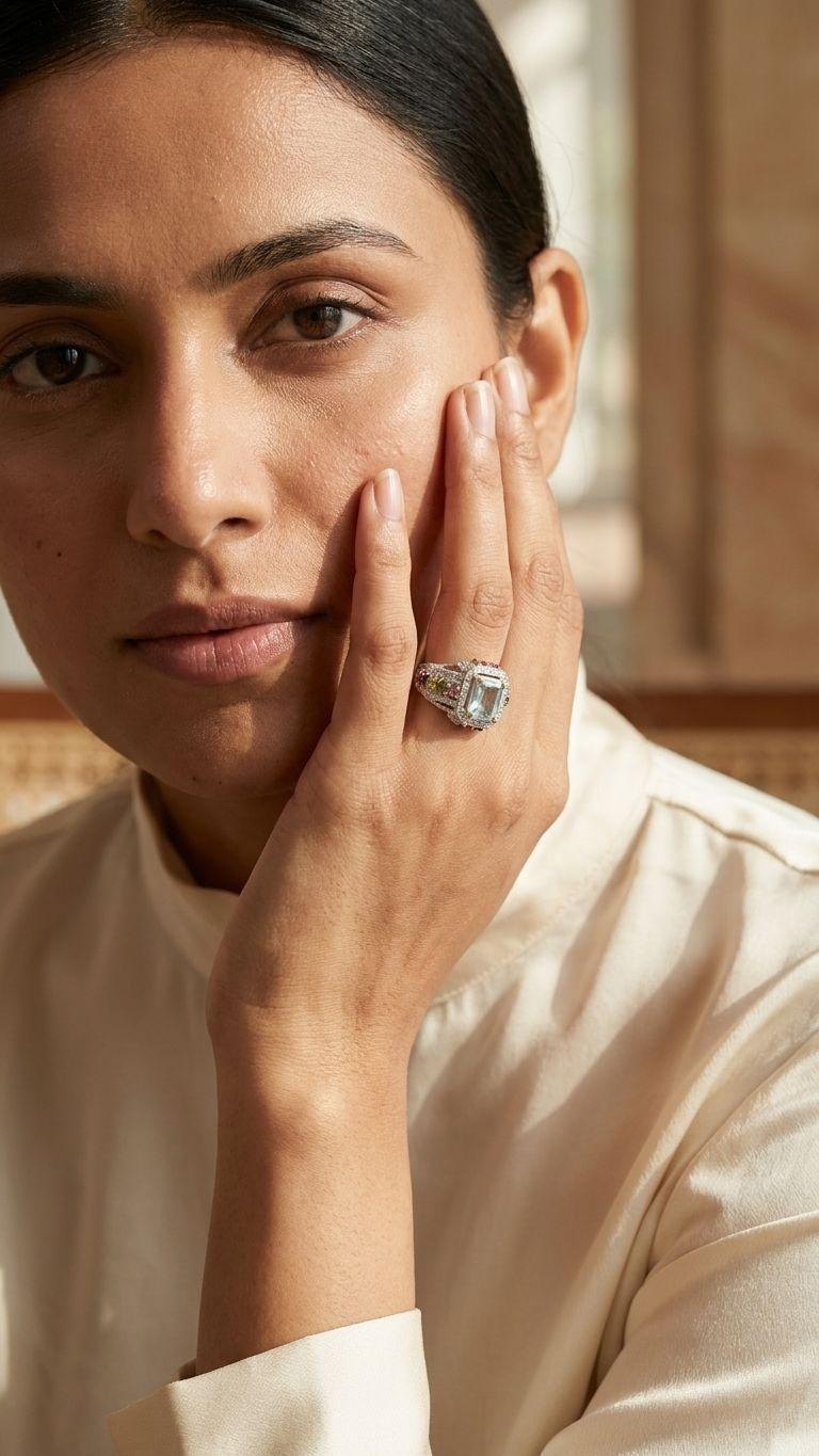 Aquamarine Aquamarine Multi Sapphire Ring in 92.5 Sterling Silver — Surya Jewellers Jaipur