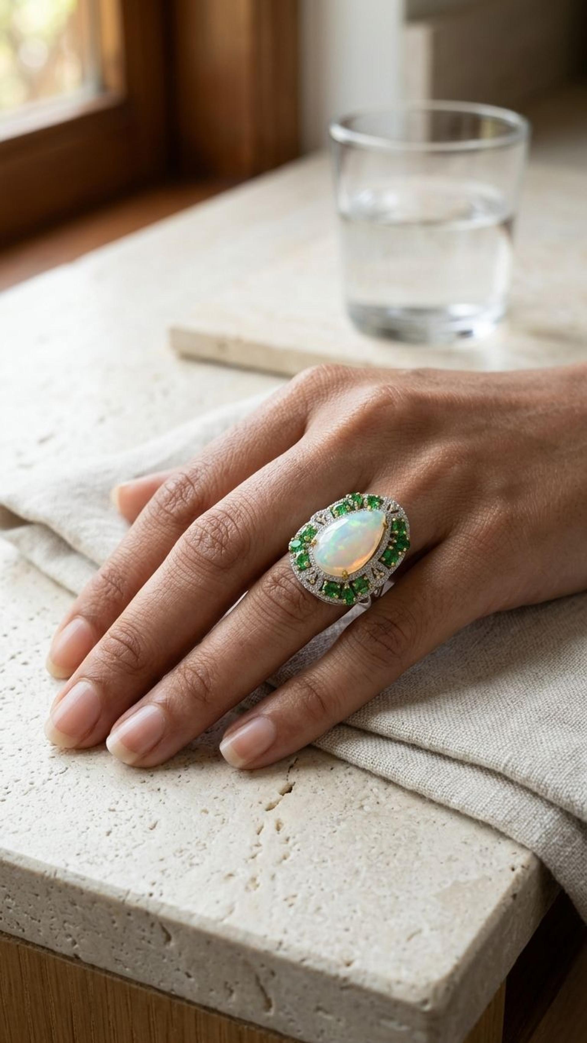 Tsavorite Tsavorite White Opal Ring in 92.5 Sterling Silver — Surya Jewellers Jaipur