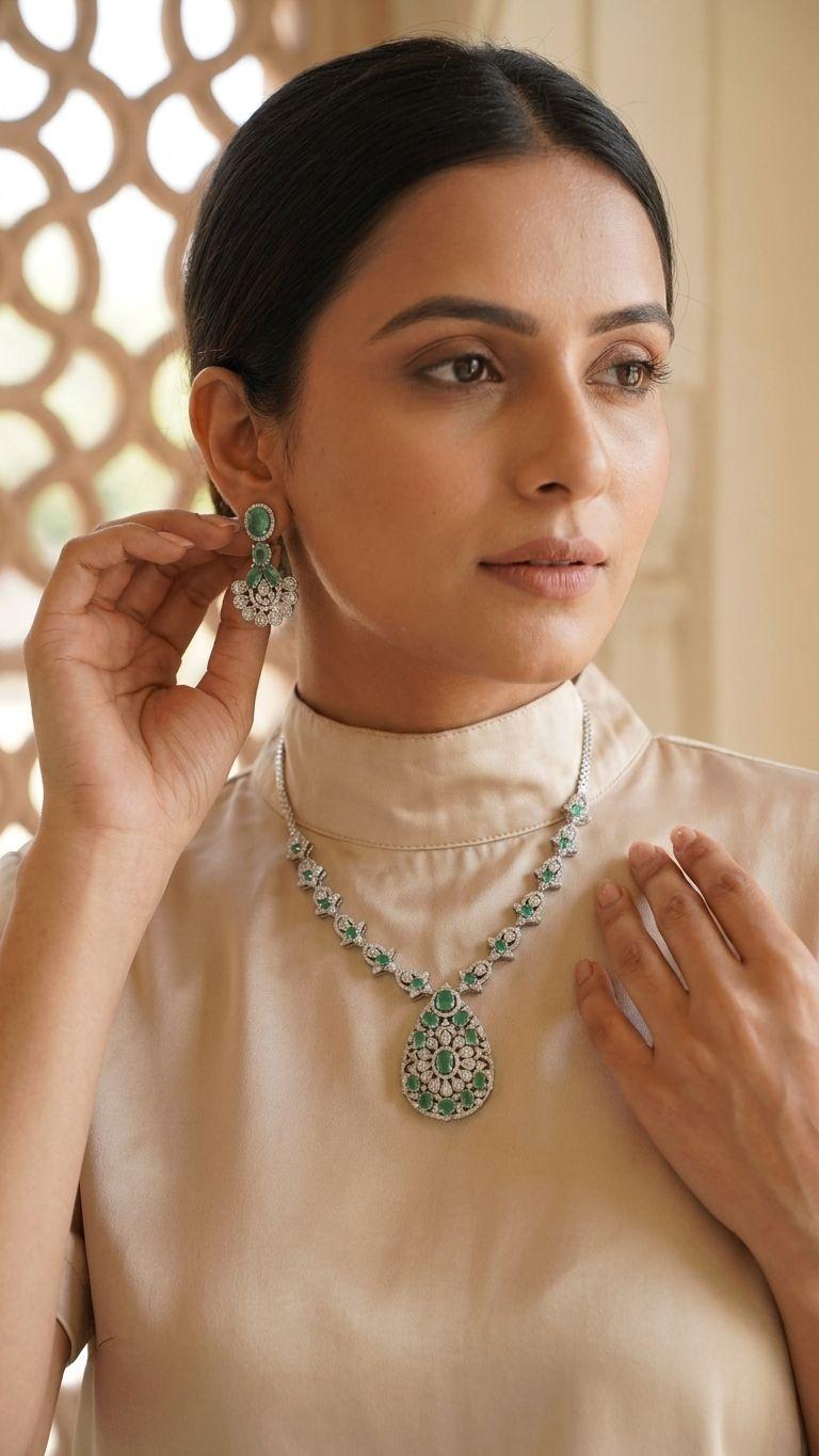 Emerald Emerald Necklace in 92.5 Sterling Silver — Surya Jewellers Jaipur