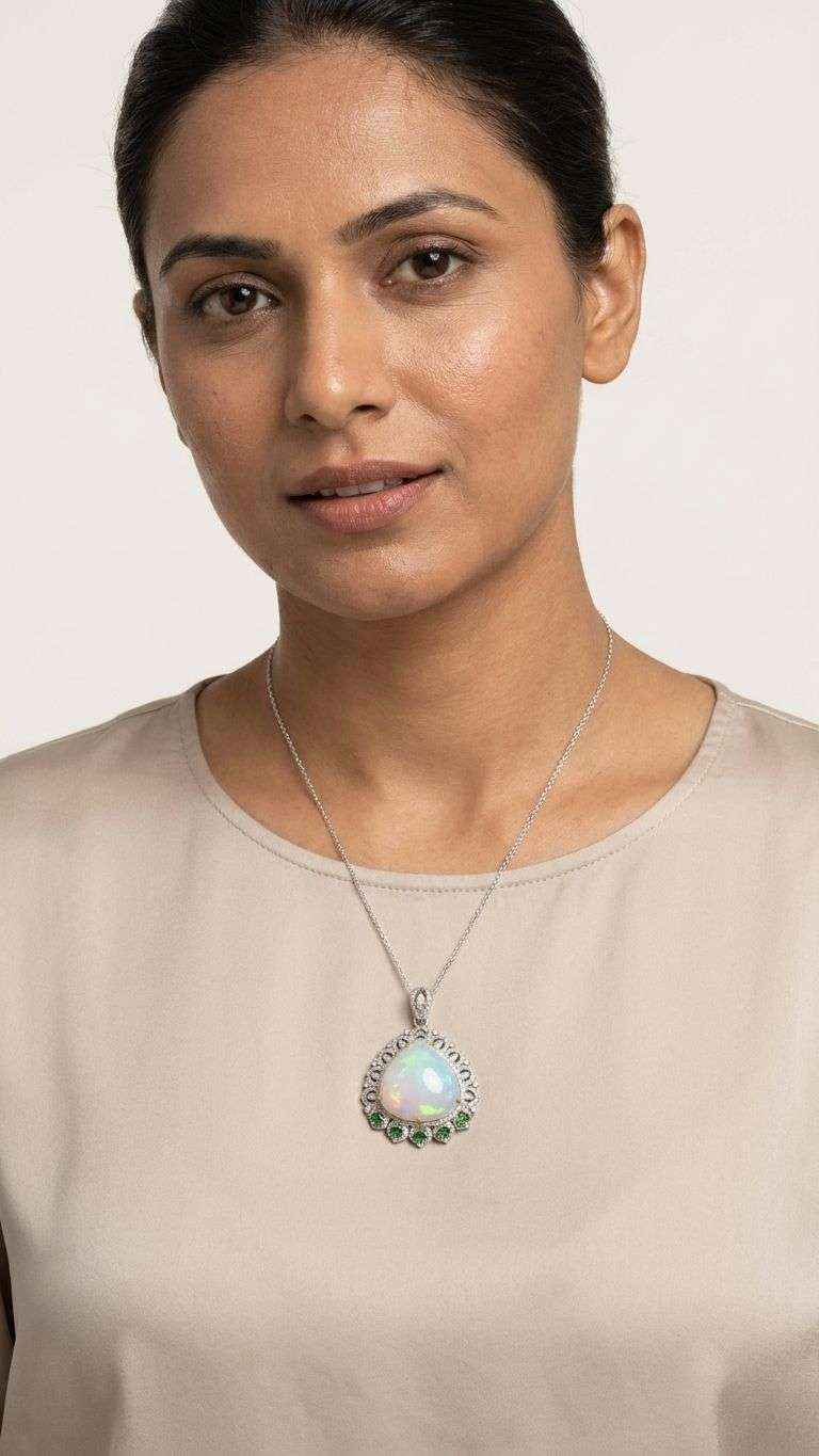 Tsavorite White Opal Pendant in 92.5 sterling silver by Surya Jewellers Jaipur