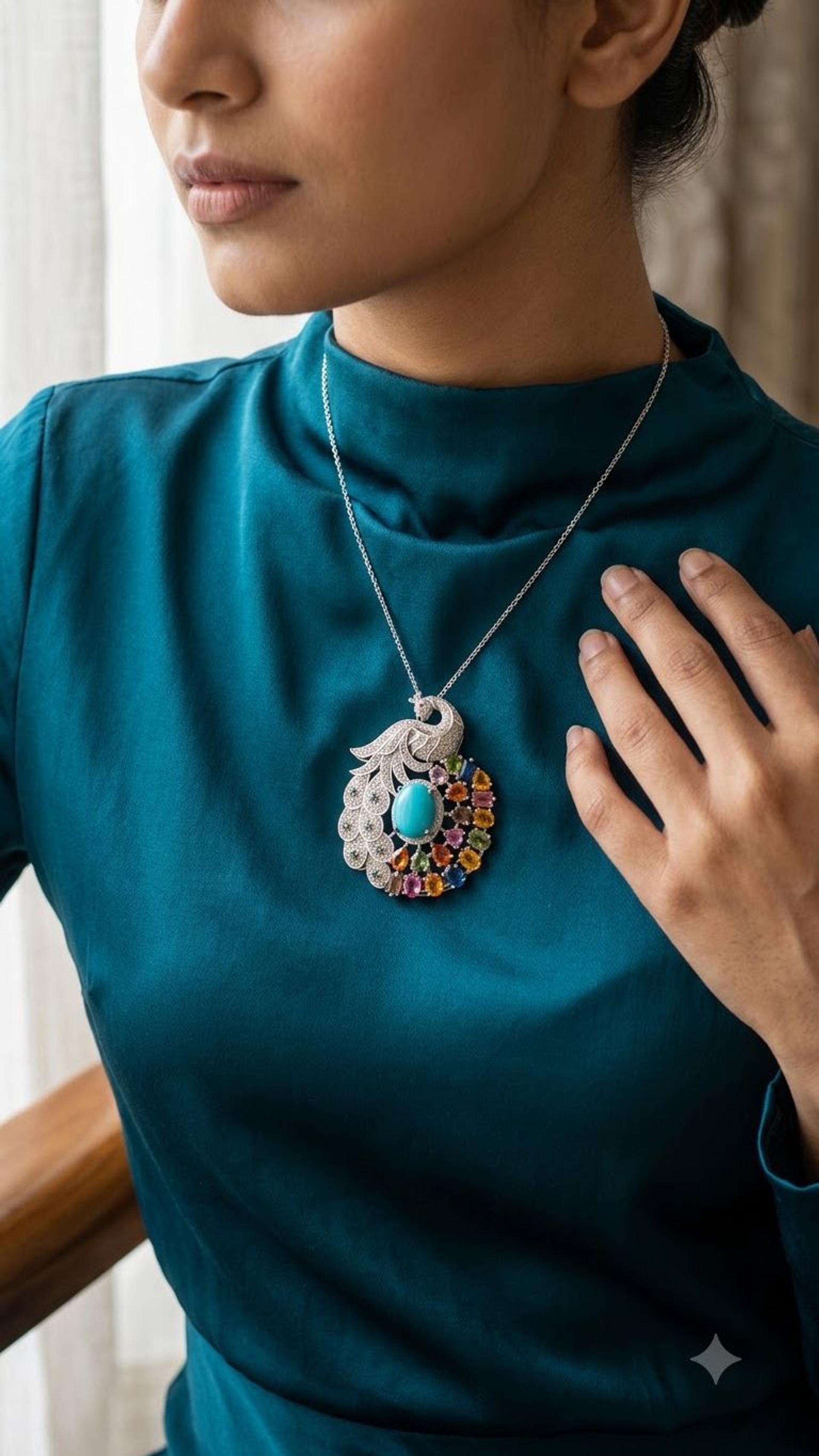 Multi Sapphire Turquoise Brooche view 4 — Brooches in 92.5 Sterling Silver
