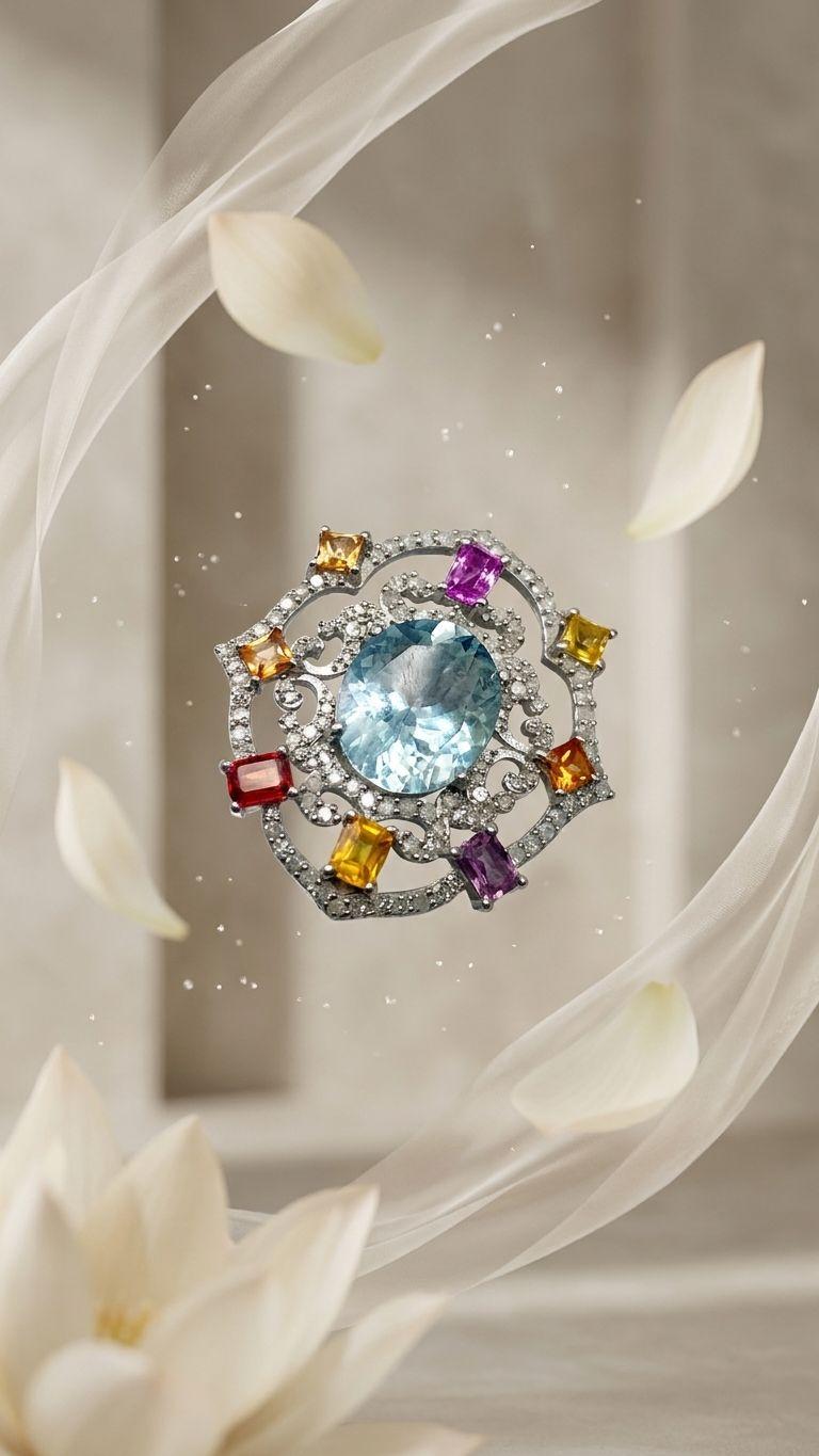 Aquamarine Aquamarine Multi Sapphire Brooch in 92.5 Sterling Silver — Surya Jewellers Jaipur