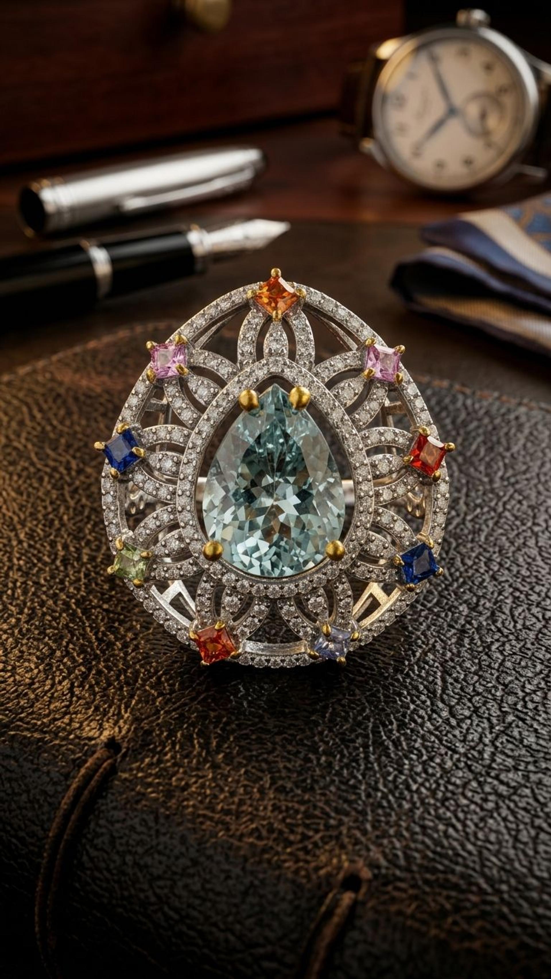 Aquamarine Multi Sapphire Ring view 3 — Rings in 92.5 Sterling Silver