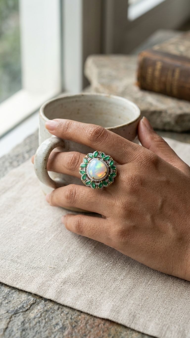Emerald White opal Ring view 4 — Rings in 92.5 Sterling Silver