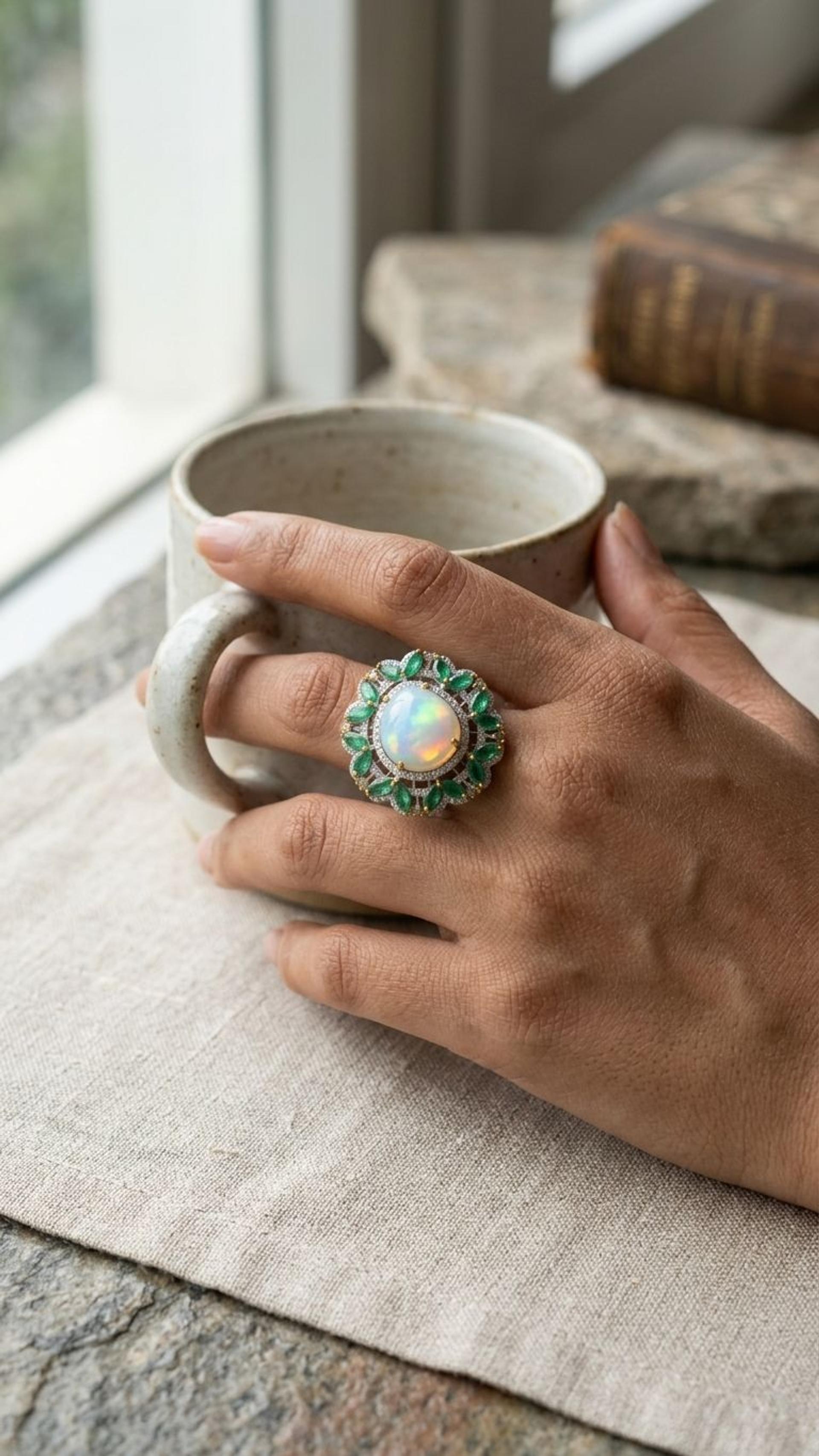 Emerald White Opal Ring view 4 — Rings in 92.5 Sterling Silver