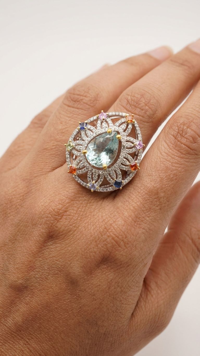 Aquamarine Multi Sapphire Ring view 2 — Rings in 92.5 Sterling Silver