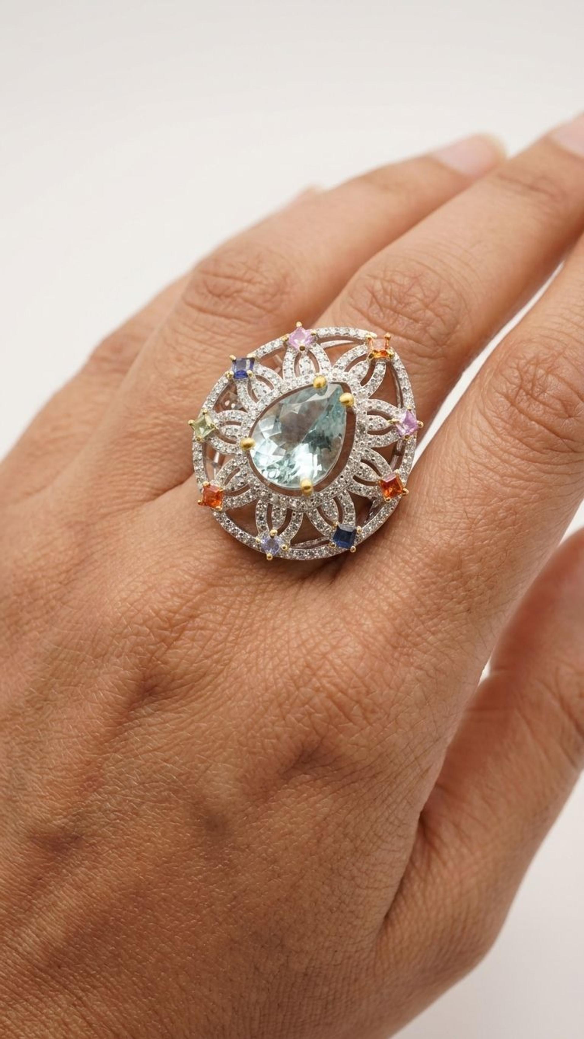 Aquamarine Multi Sapphire Ring view 2 — Rings in 92.5 Sterling Silver