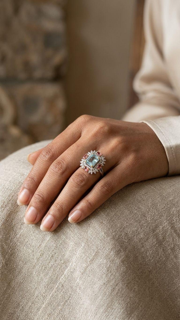 Aquamarine Aquamarine Multi Sapphire Ring in 92.5 Sterling Silver — Surya Jewellers Jaipur