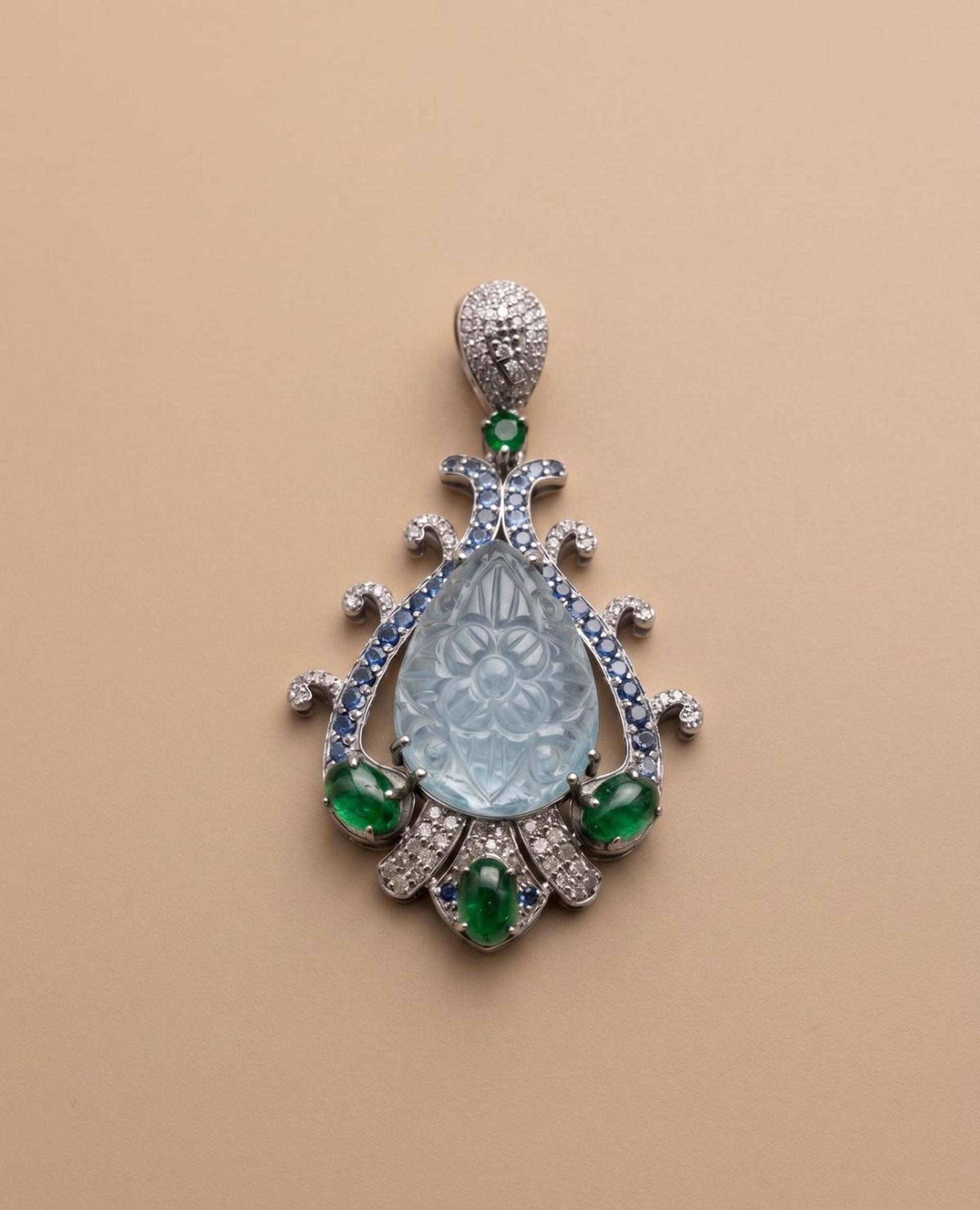Aquamarine Aquamarine Tsavorite Pendant in 92.5 Sterling Silver — Surya Jewellers Jaipur