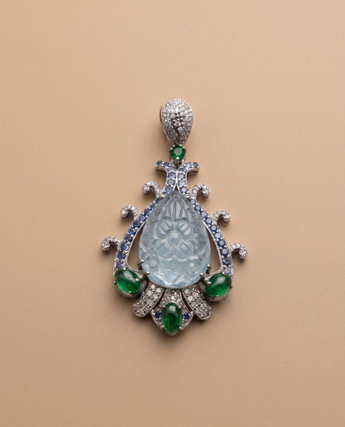 Aquamarine Aquamarine Tsavorite Pendant in 92.5 Sterling Silver — Surya Jewellers Jaipur