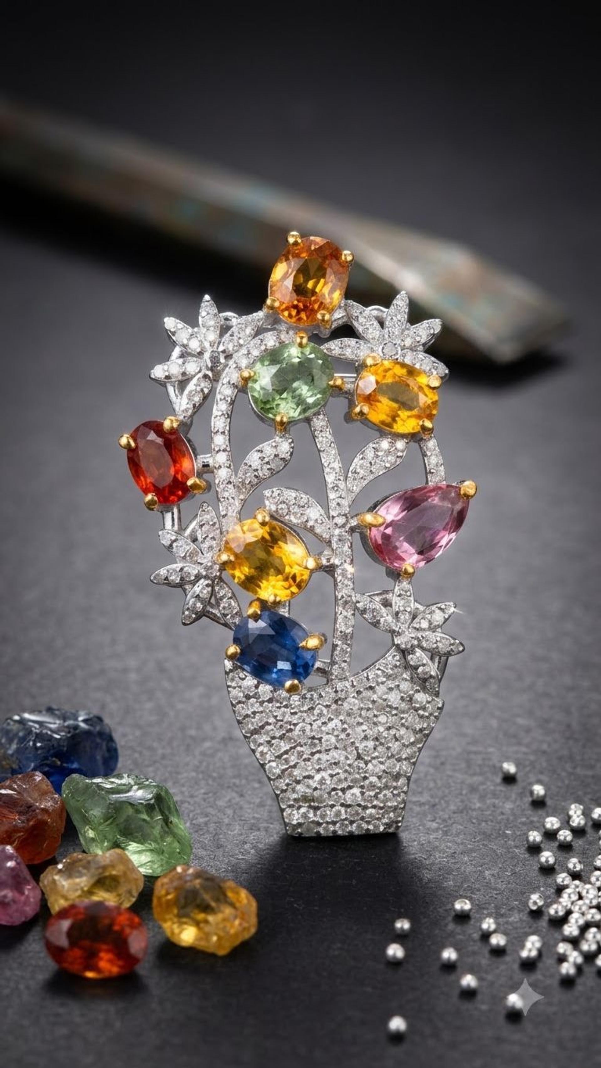 Multi Sapphire Brooche view 3 — Brooches in 92.5 Sterling Silver