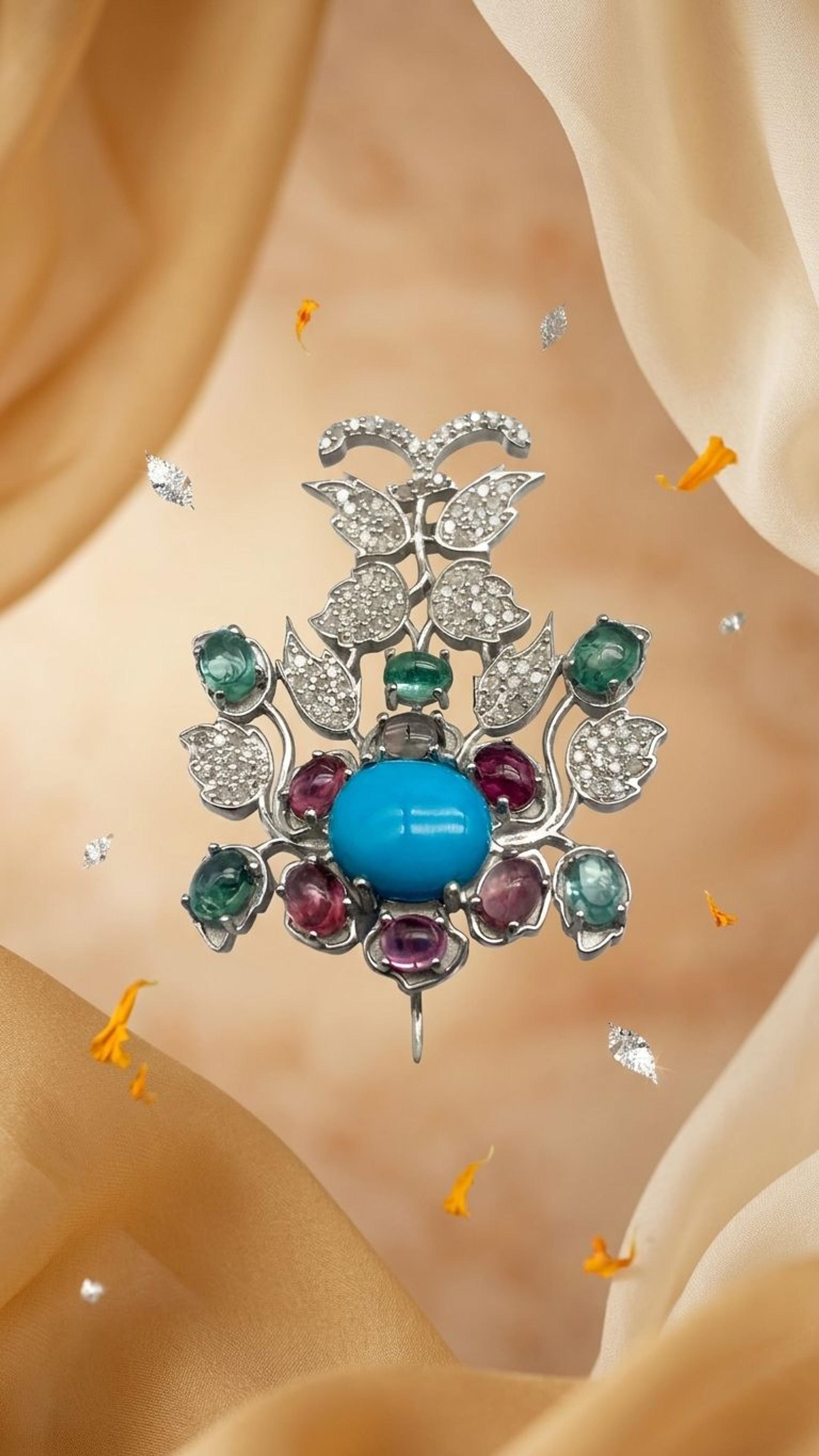 Tourmaline Turquoise Brooch view 4 — Brooches in 92.5 Sterling Silver