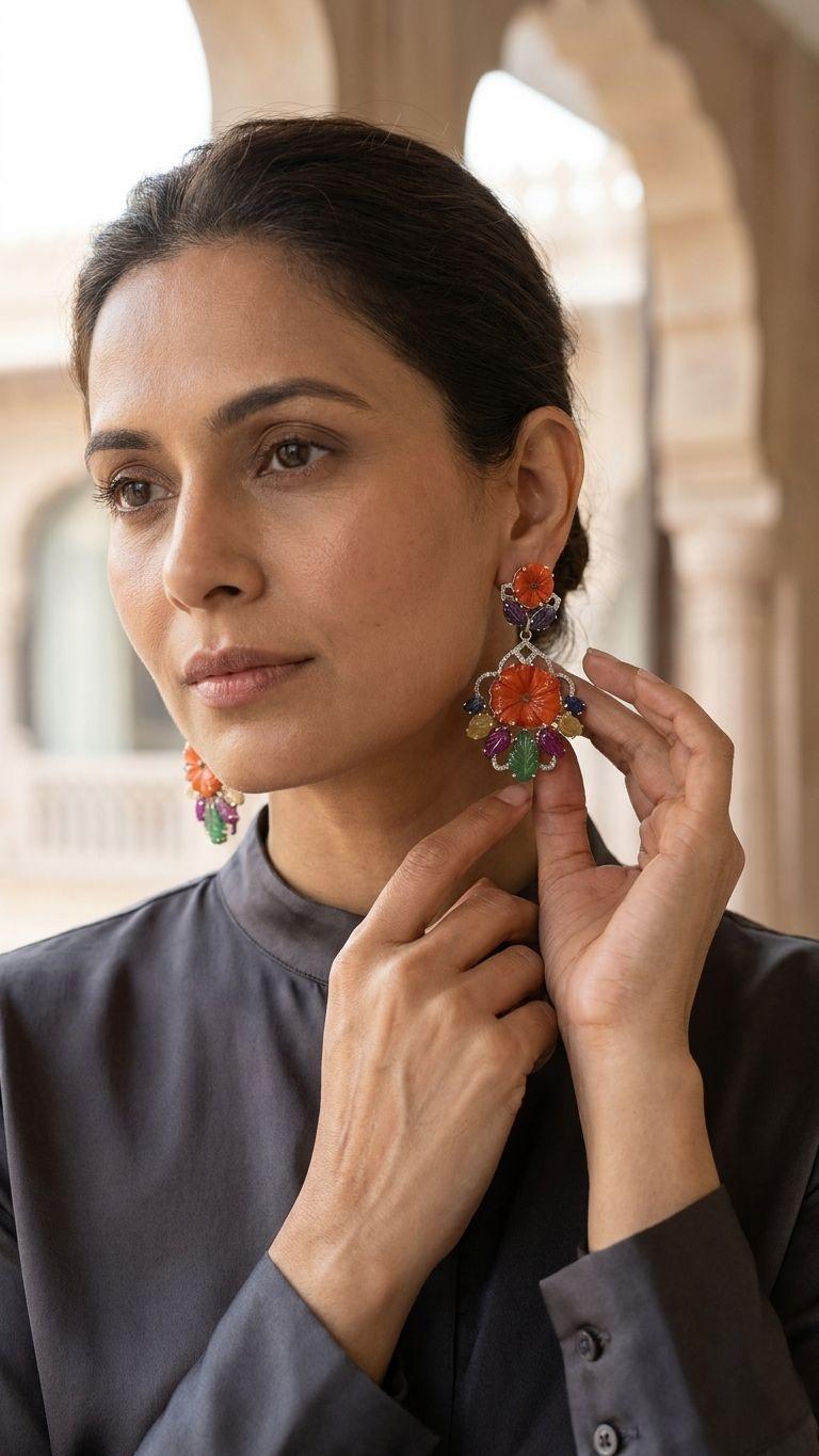 Coral Coral Multi Sapphire Earrings in 92.5 Sterling Silver — Surya Jewellers Jaipur