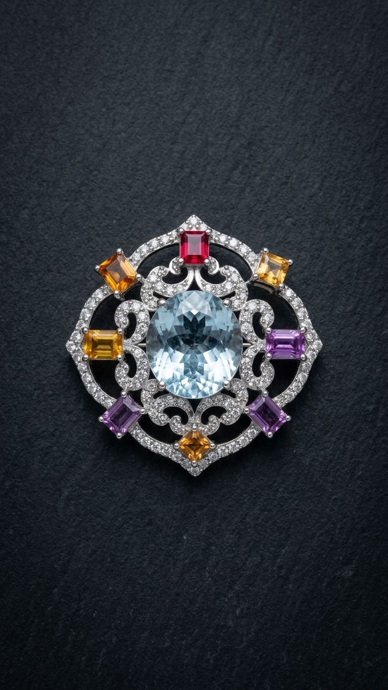 Aquamarine Multi Sapphire Brooch view 3 — Pendants in 92.5 Sterling Silver