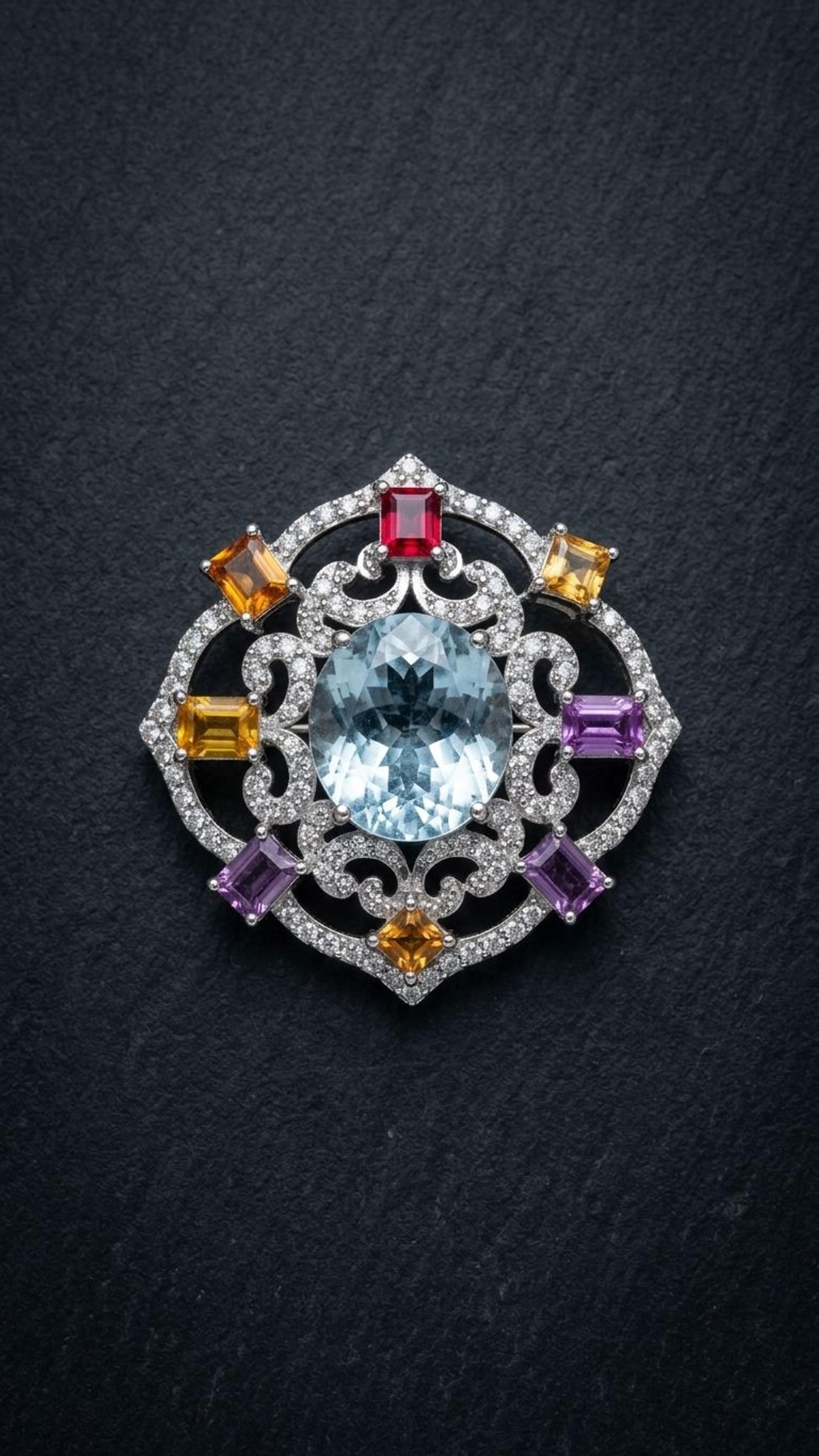Aquamarine Multi Sapphire Brooch view 3 — Brooches in 92.5 Sterling Silver