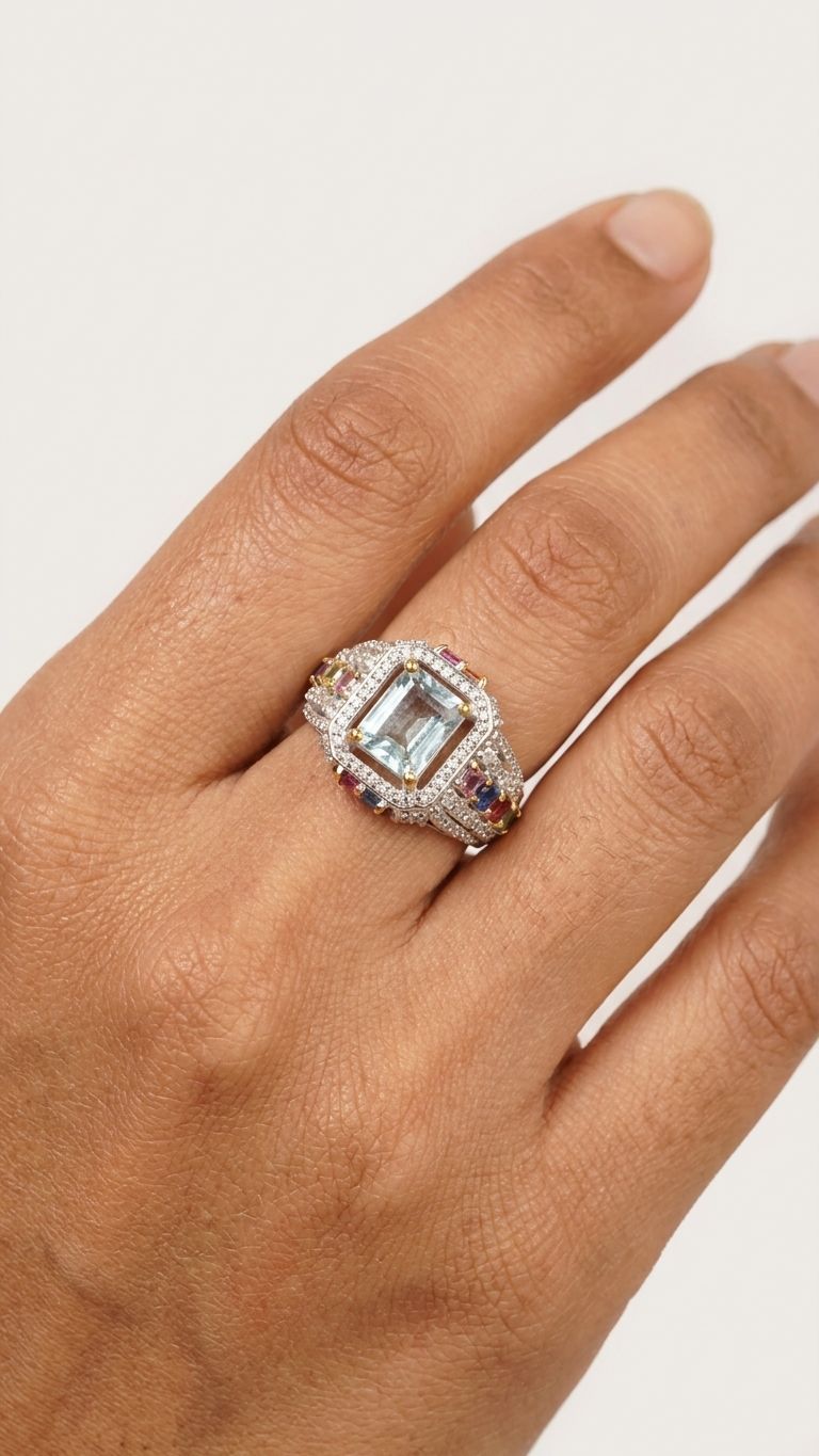 Aquamarine Multi Sapphire Ring view 3 — Rings in 92.5 Sterling Silver