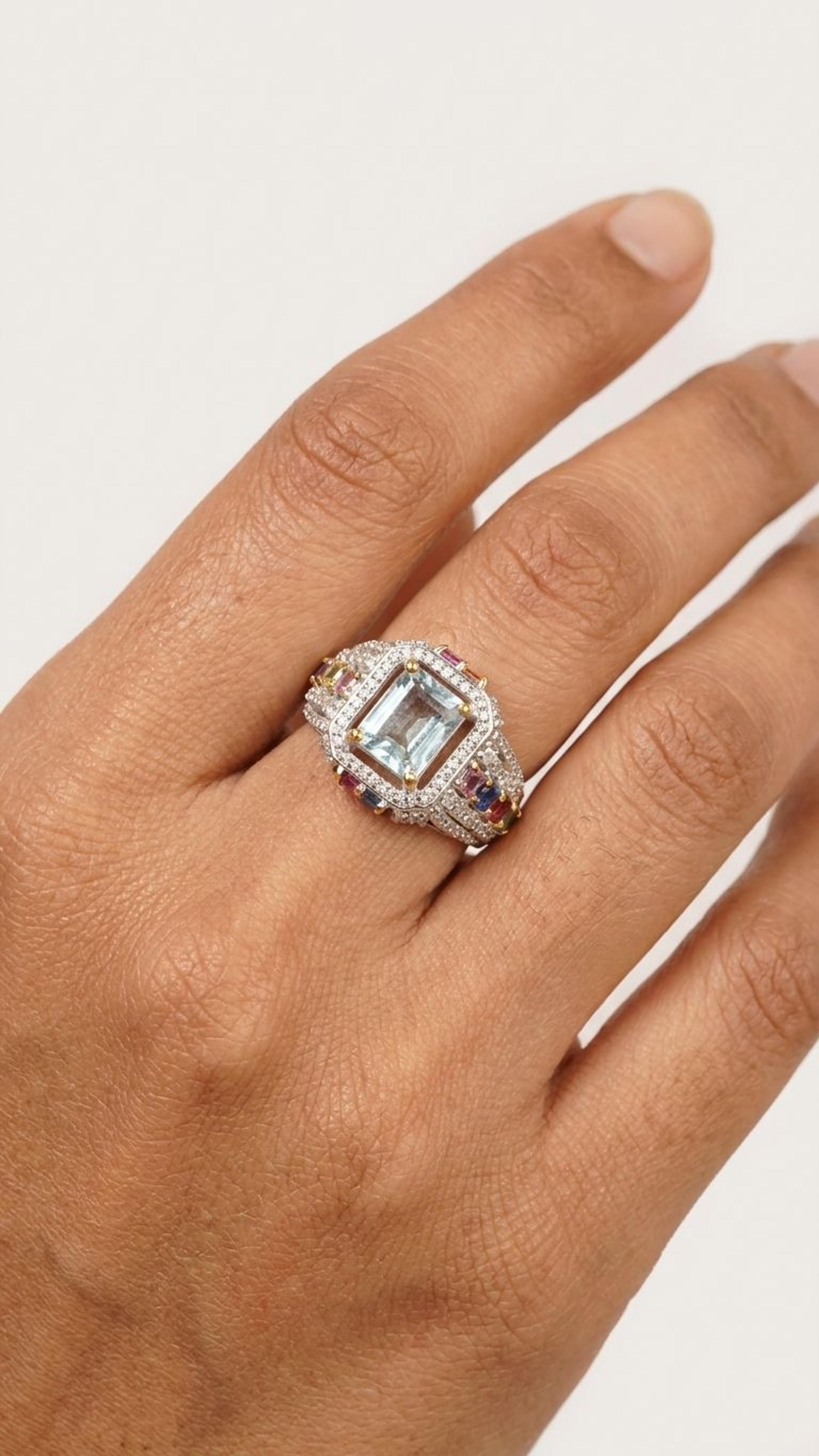 Aquamarine Multi Sapphire Ring view 3 — Rings in 92.5 Sterling Silver