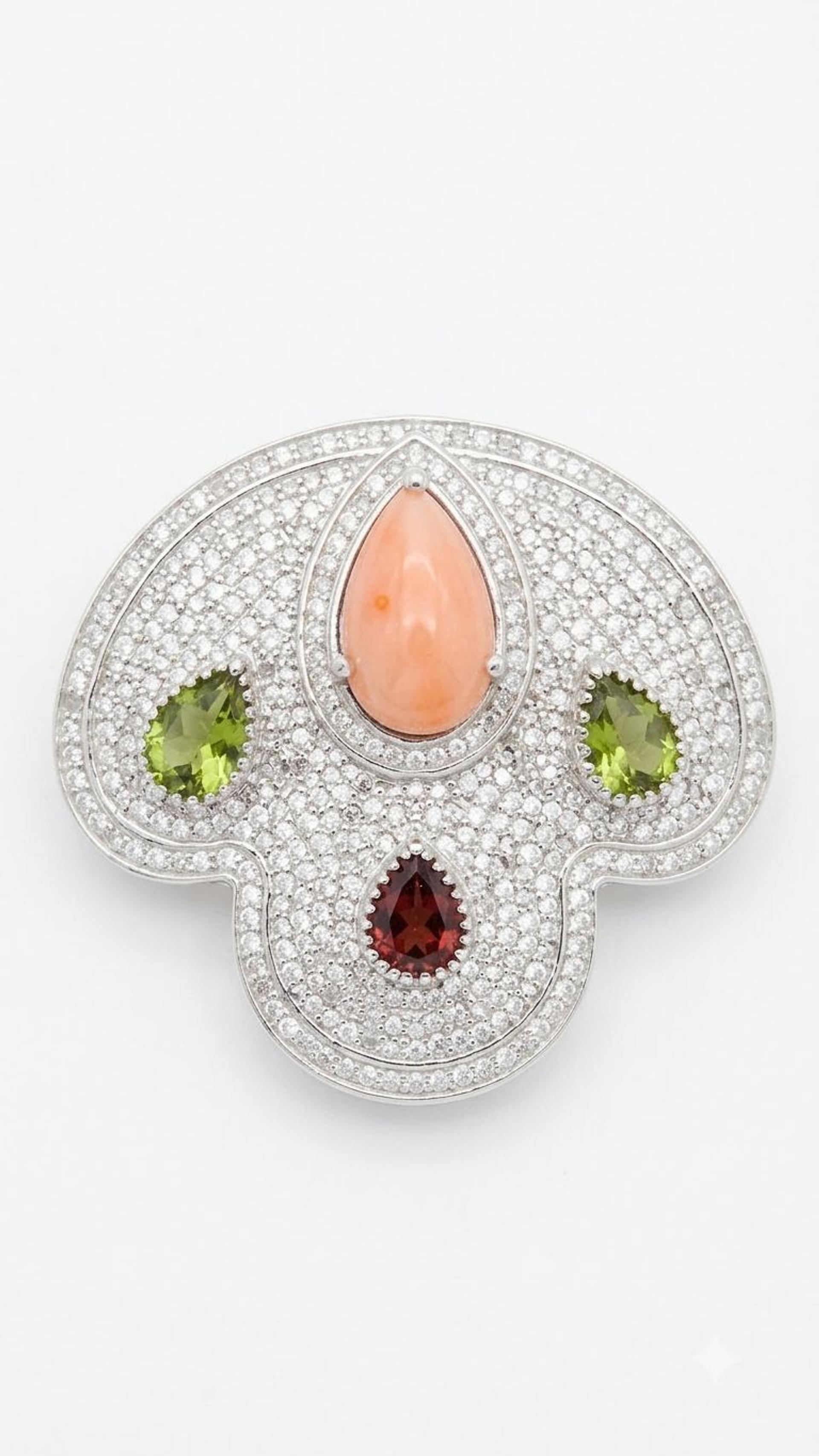 Coral Tourmaline Brooche view 2 — Brooches in 92.5 Sterling Silver