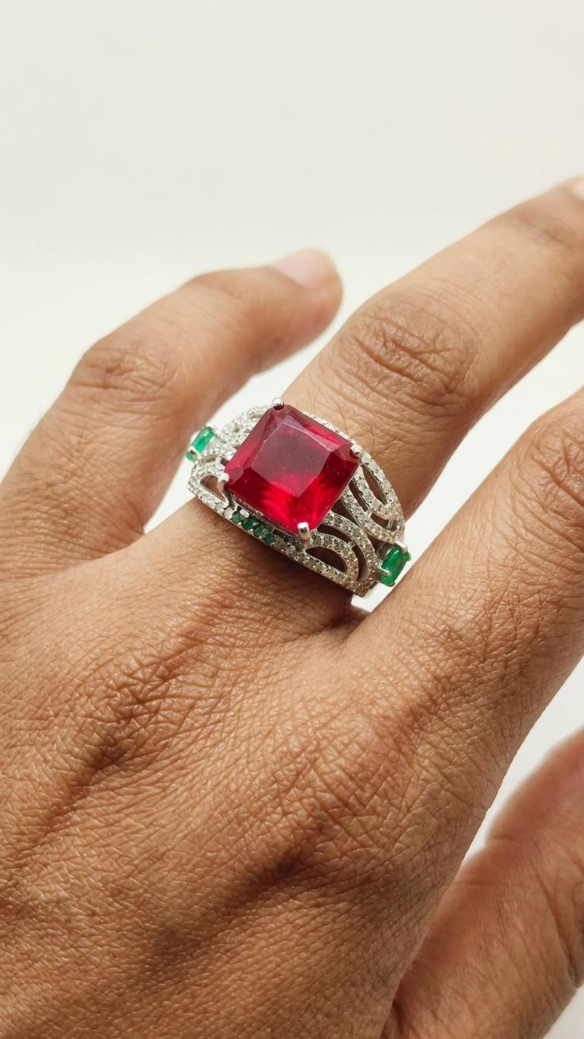 Ruby Emerald Ring view 2 — Rings in 92.5 Sterling Silver