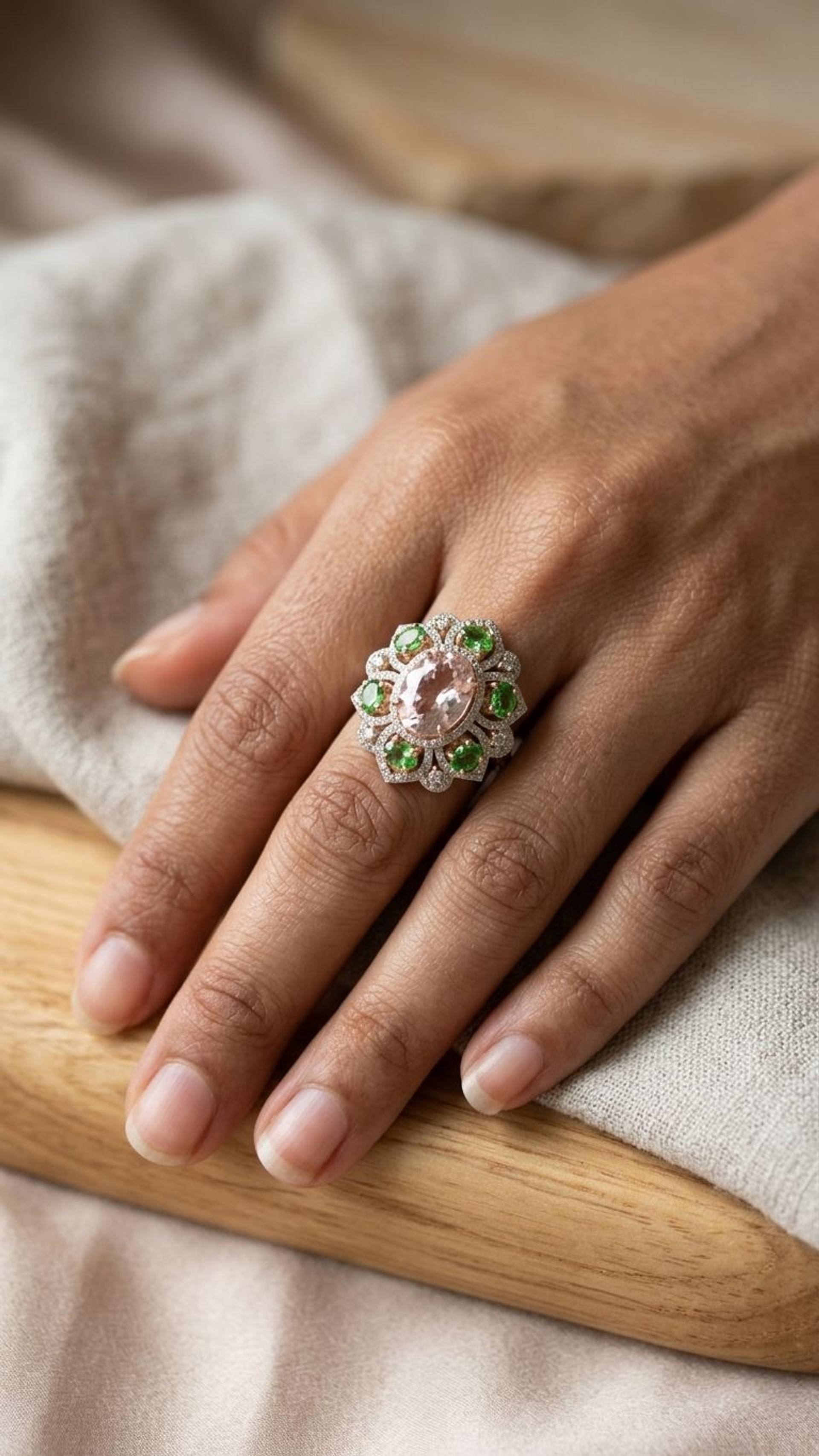 Morganite stone Morganite Stone Tsavorite Ring in 92.5 Sterling Silver — Surya Jewellers Jaipur
