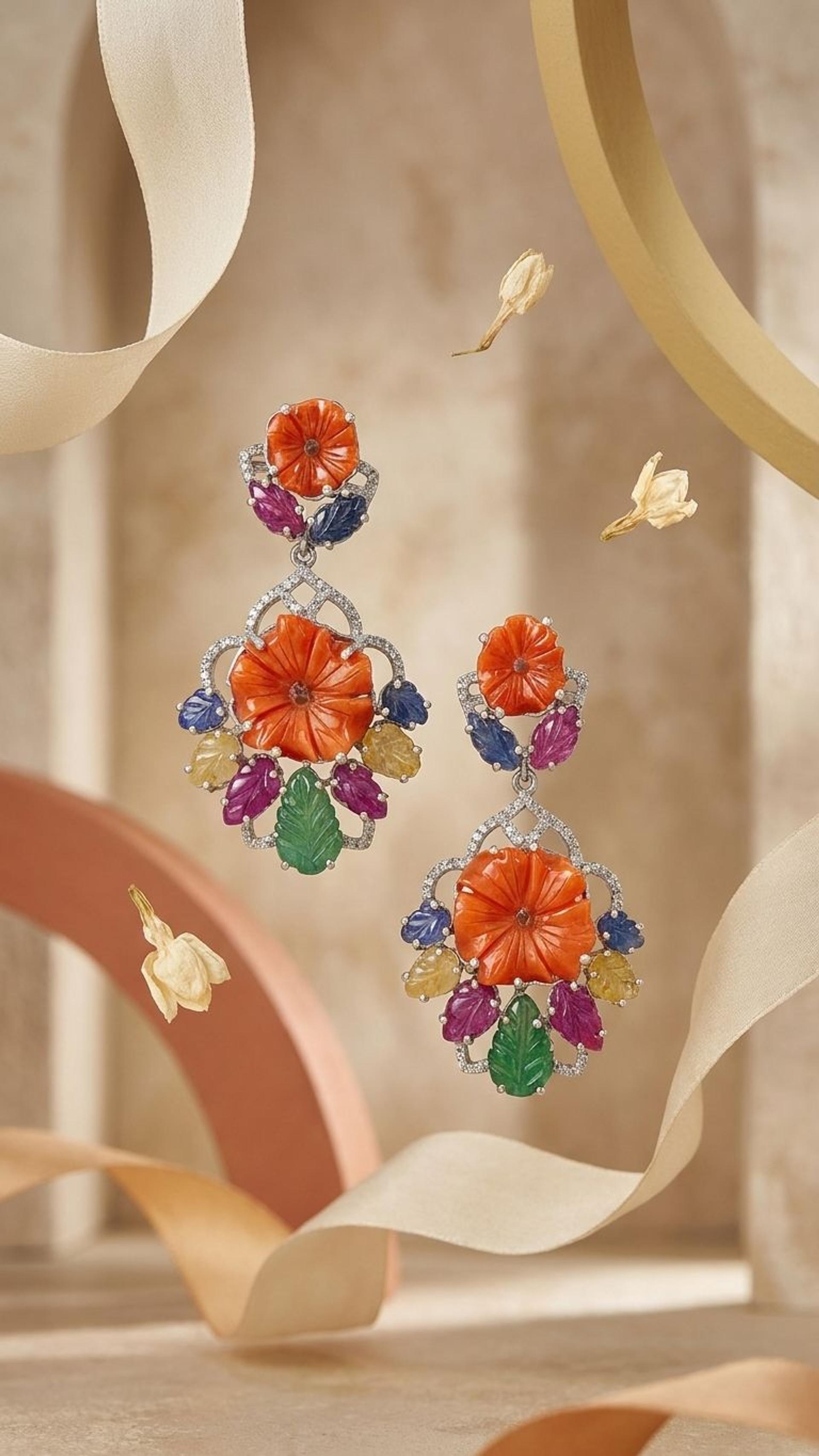 Coral Multi Sapphire Earrings view 3 — Earrings in 92.5 Sterling Silver