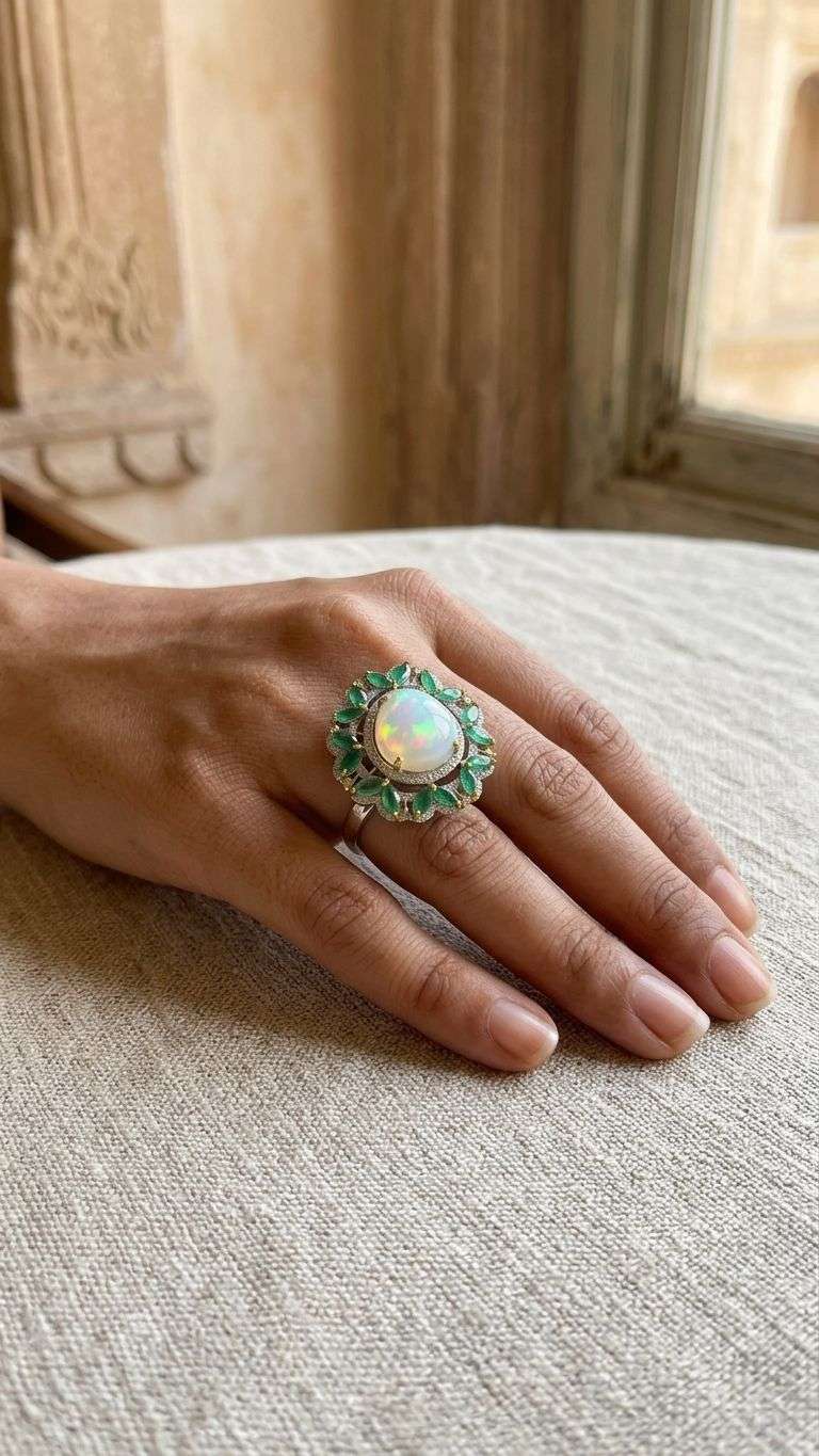 Emerald White Opal Ring in 92.5 sterling silver by Surya Jewellers Jaipur