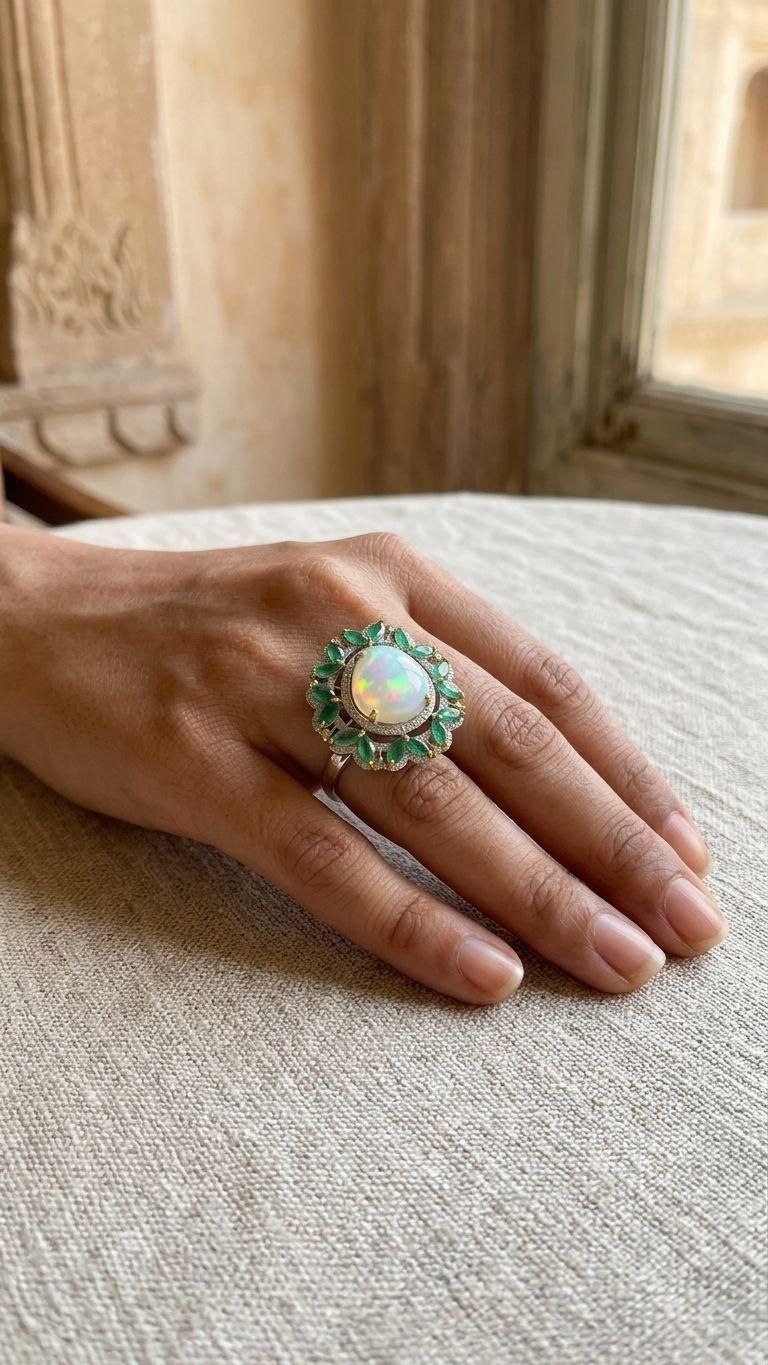 Emerald Emerald White Opal Ring in 92.5 Sterling Silver — Surya Jewellers Jaipur
