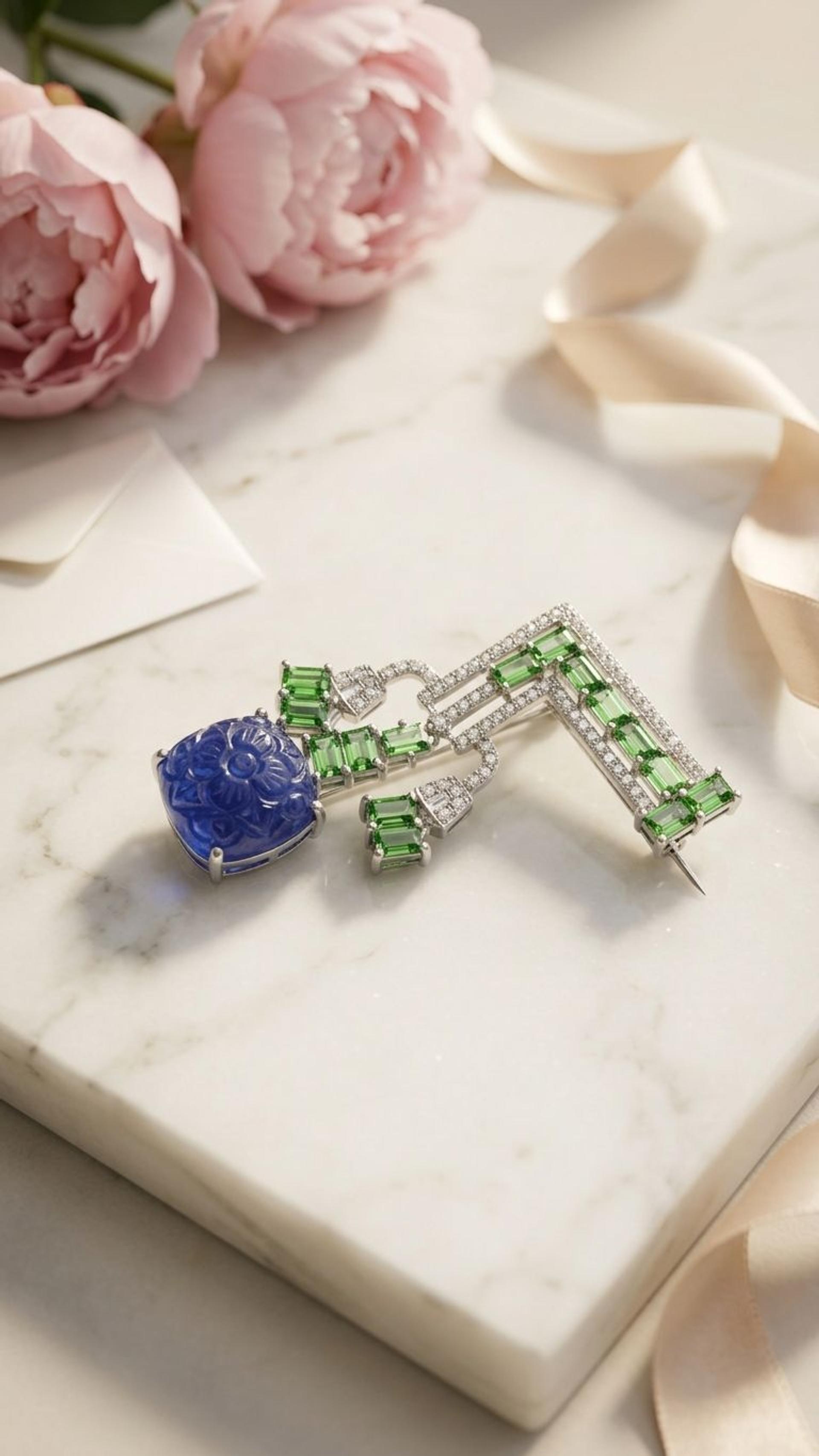 Tanzanite Tsavorite Brooch view 3 — Brooches in 92.5 Sterling Silver