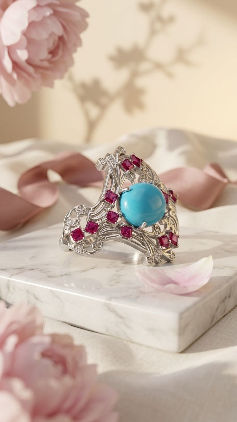 Ruby Turquoise Brooch view 3 — Pendants in 92.5 Sterling Silver