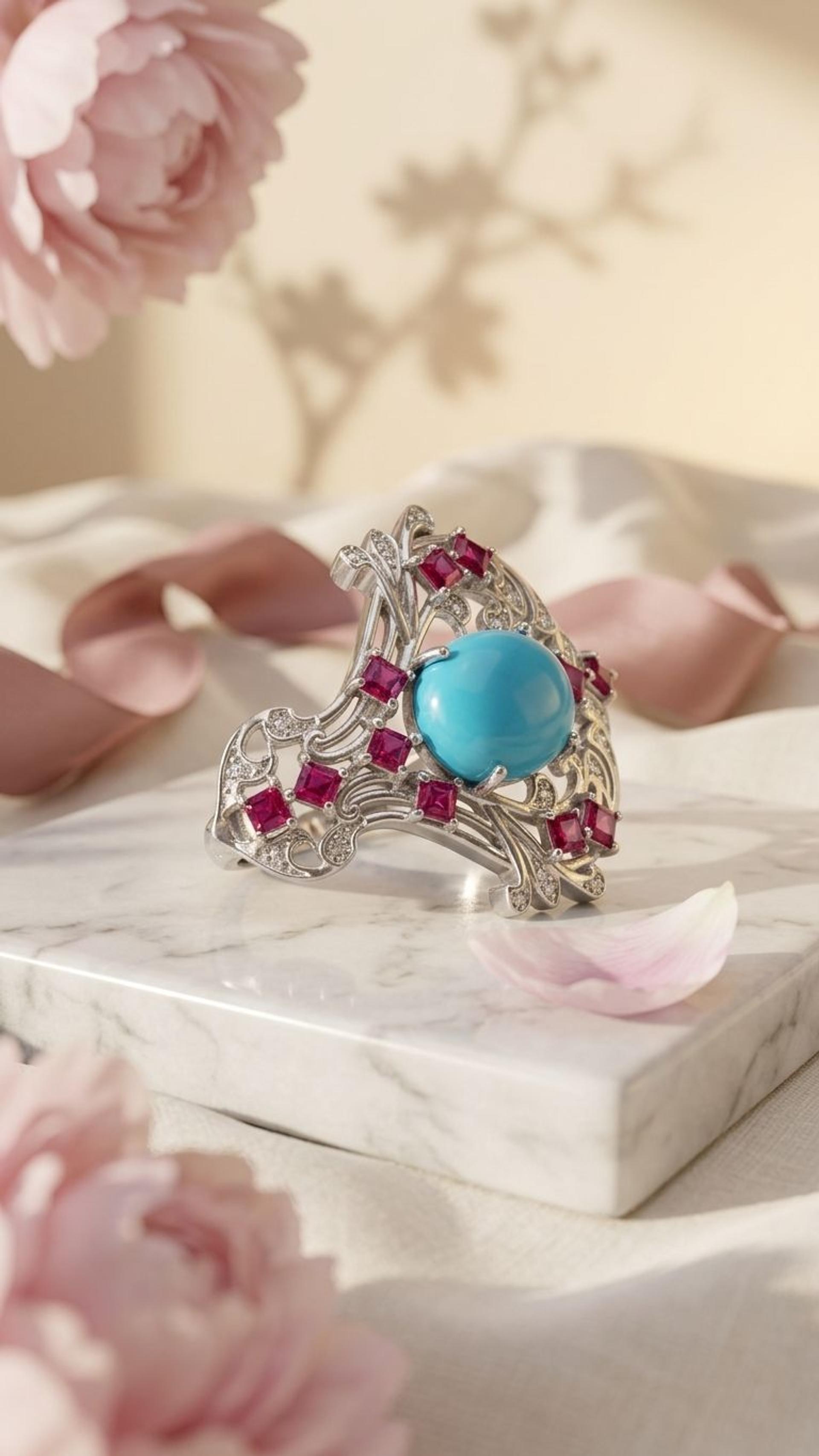 Ruby Turquoise Brooch view 3 — Brooches in 92.5 Sterling Silver