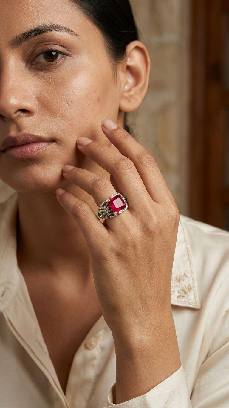 Ruby Ruby Emerald Ring in 92.5 Sterling Silver — Surya Jewellers Jaipur